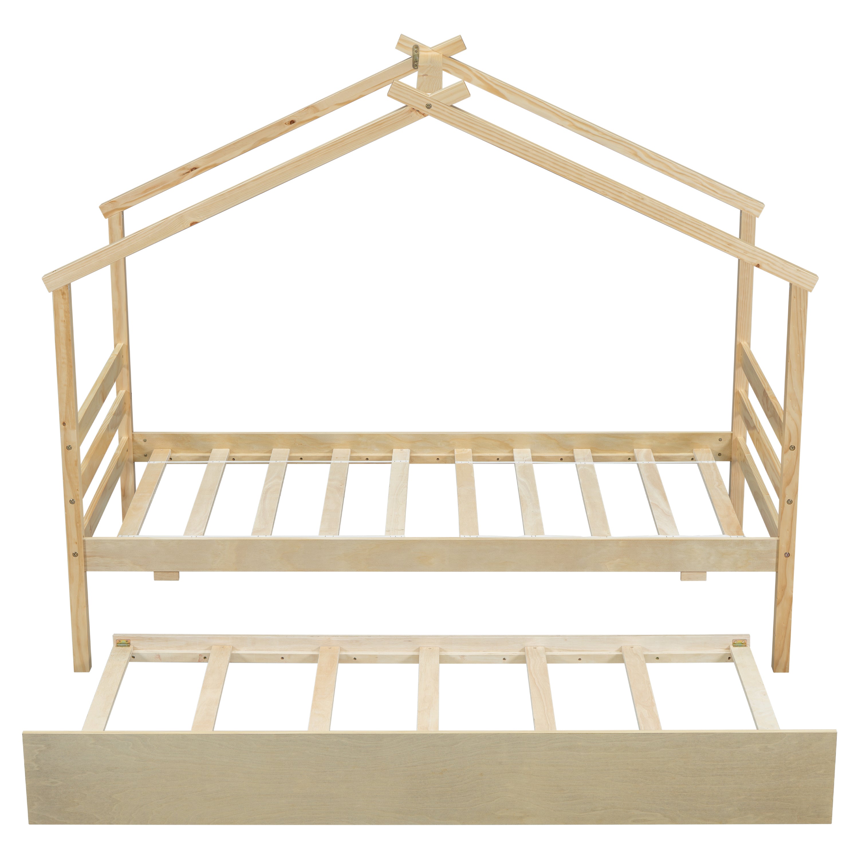 Twin Size House-shaped Bed with Trundle,Natural