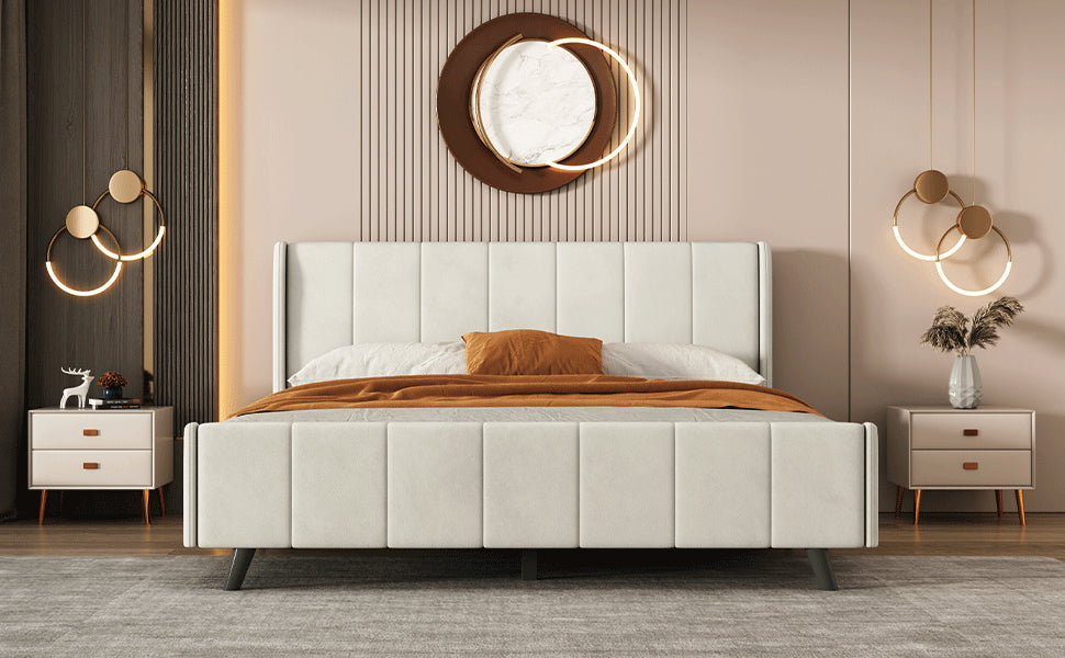 Queen Size Upholstered Platform Bed, Velvet, Beige - Atlantic Fine Furniture Melbourne FL