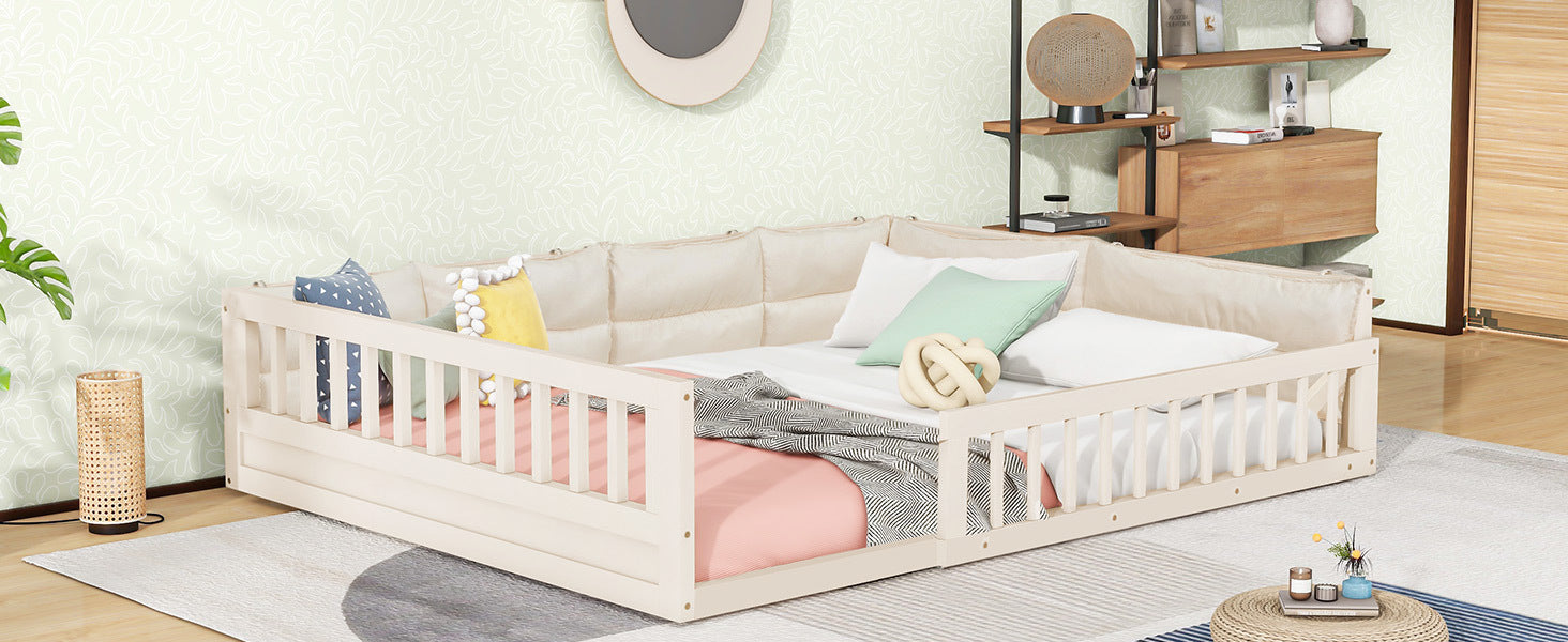 Wood Full Size Upholstered Platform Bed with Guardrail and Pillow, Beige