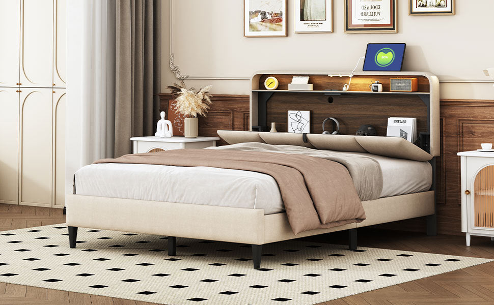 Full size Upholstered Platform Bed with Storage Headboard, Sensor Light and a set of Sockets and USB Ports, Linen Fabric, Beige