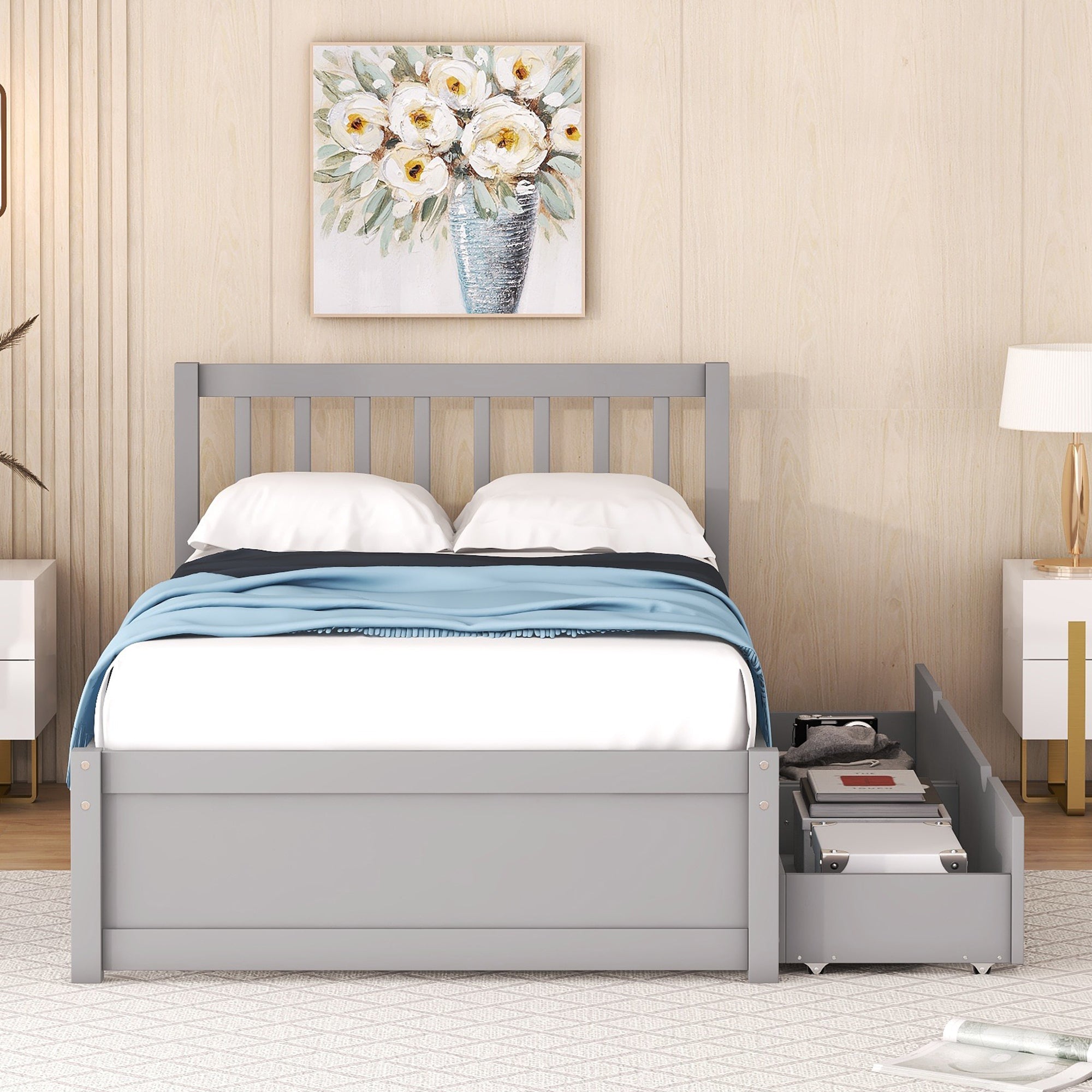 Modern Design Wooden Twin Size Platform Bed with 2 Drawers for Grey Color - Atlantic Fine Furniture Melbourne FL