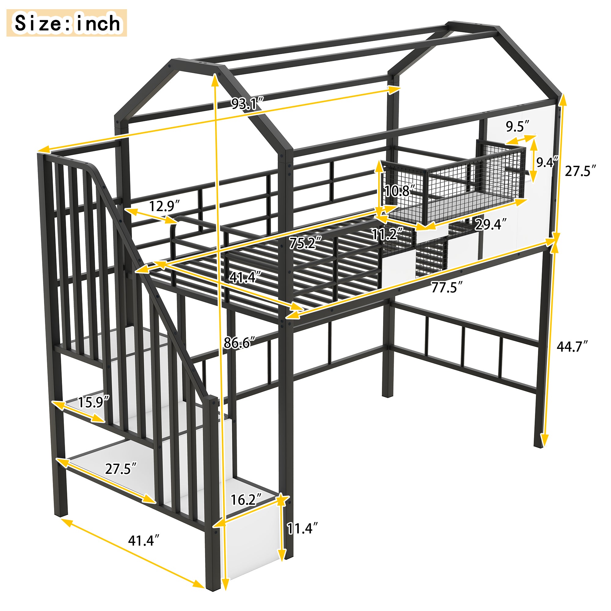 Metal Loft Bed with roof design and a storage box, Twin, Black - Atlantic Fine Furniture Melbourne FL