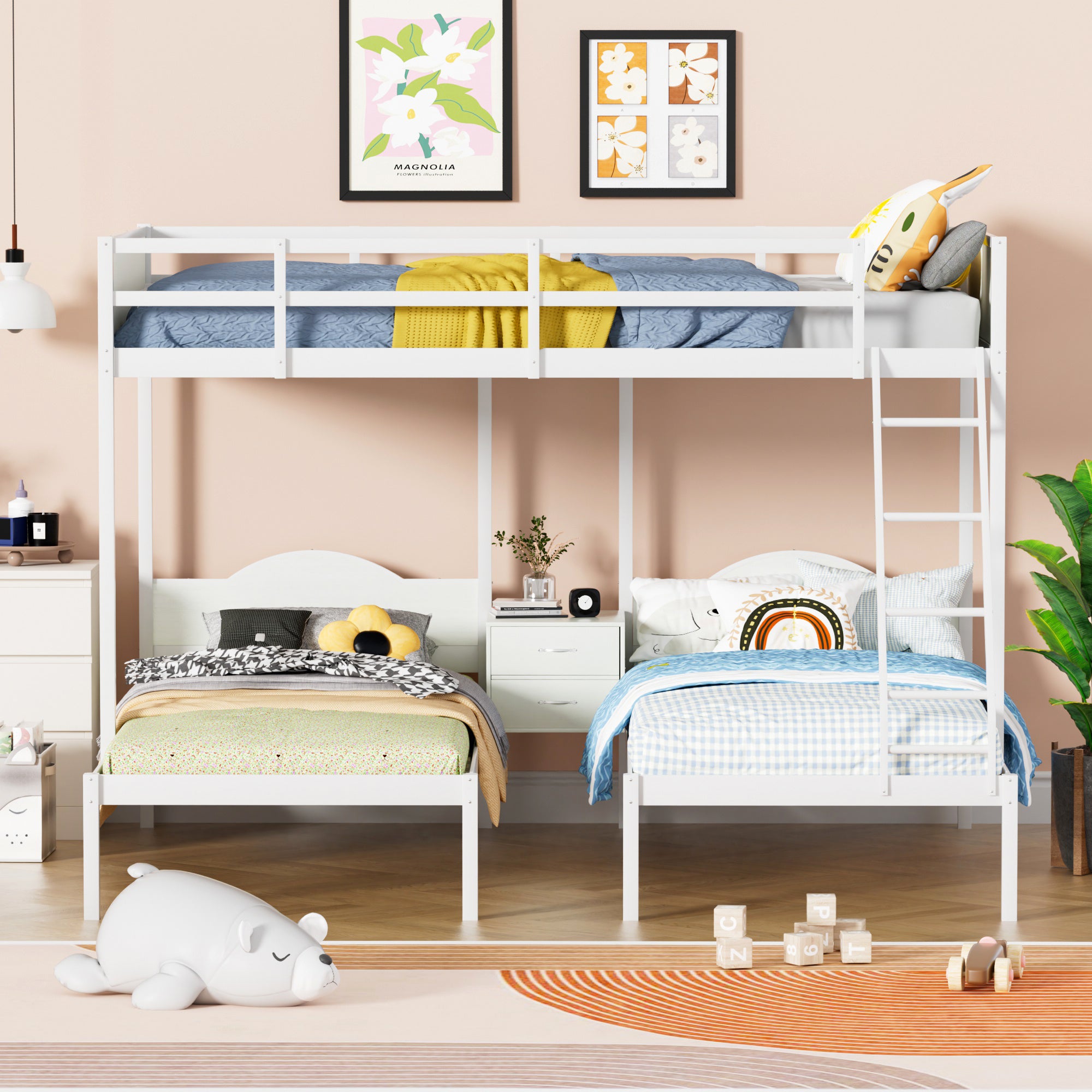 Full Over Twin & Twin Bunk Bed Metal Triple Bed With Nightstand and Guardrails. White, 96.9'' L x 76'' W x 69'' H