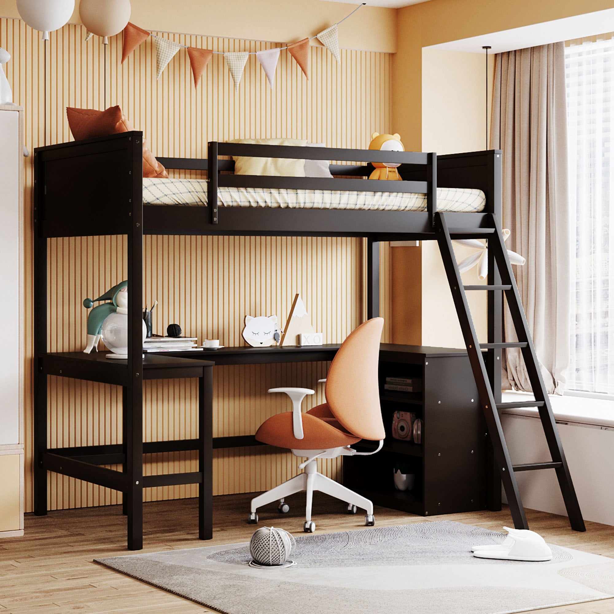 Twin size Loft Bed with Shelves and Desk, Wooden Loft Bed with Desk - Espresso(OLD SKU:LT000537AAP) - Atlantic Fine Furniture Melbourne FL