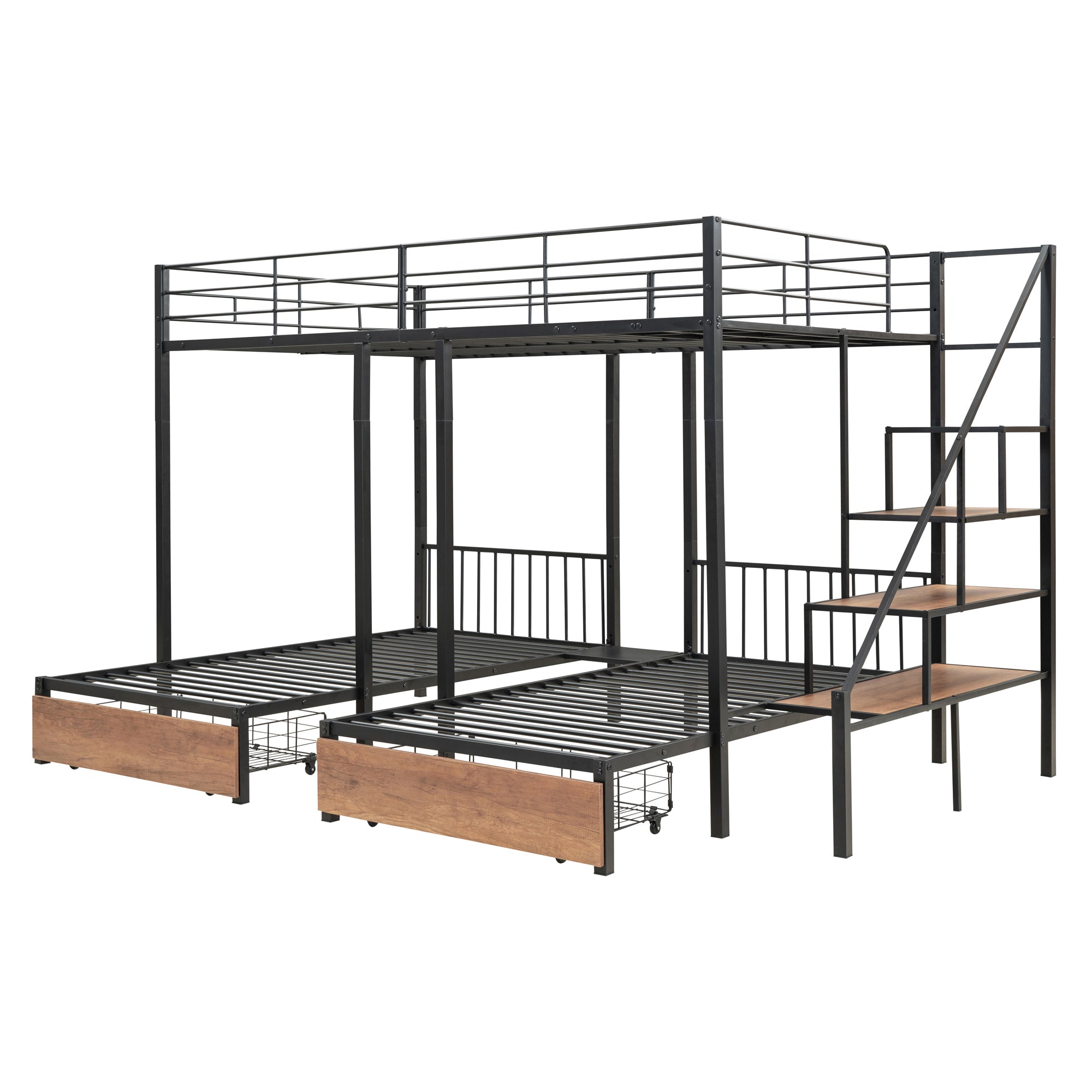 Full over Twin-Twin Triple bunk bed with drawers and staircase, Black - Atlantic Fine Furniture Melbourne FL