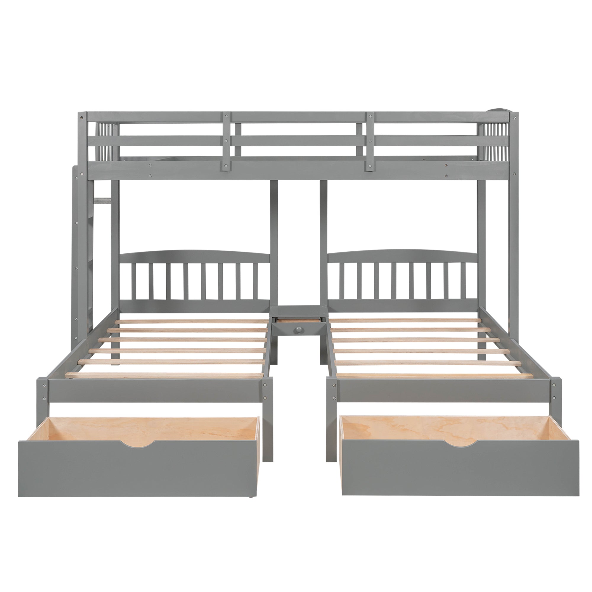 Twin over Twin & Twin Bunk Bed with Two Drawers and Built-in Middle Drawer, Gray - Atlantic Fine Furniture Melbourne FL