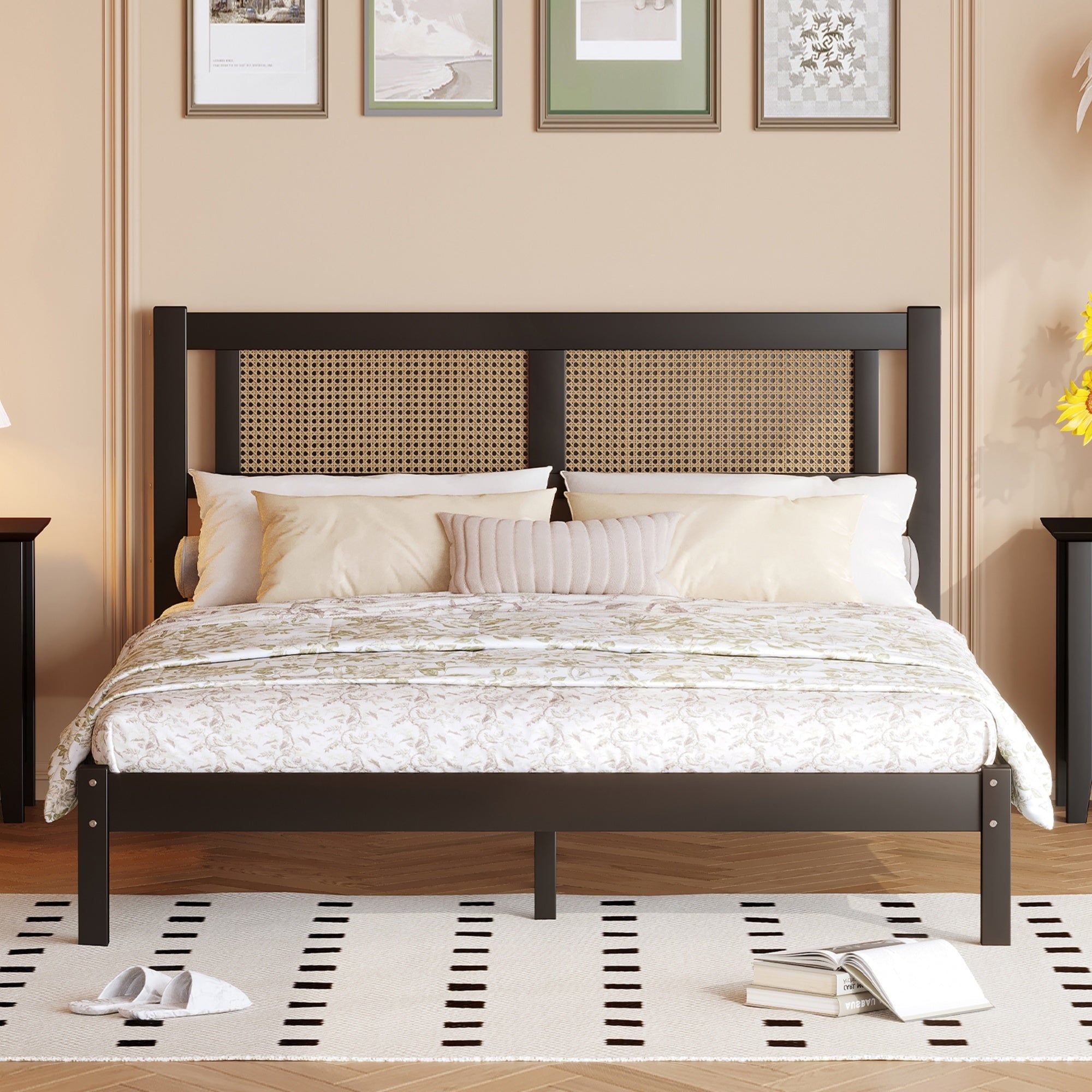 Queen Size Wooden Platform Bed with Natural Rattan Headboard, Exquisite Elegance with Minimalist Charm for Bedroom, Black - Atlantic Fine Furniture Melbourne FL