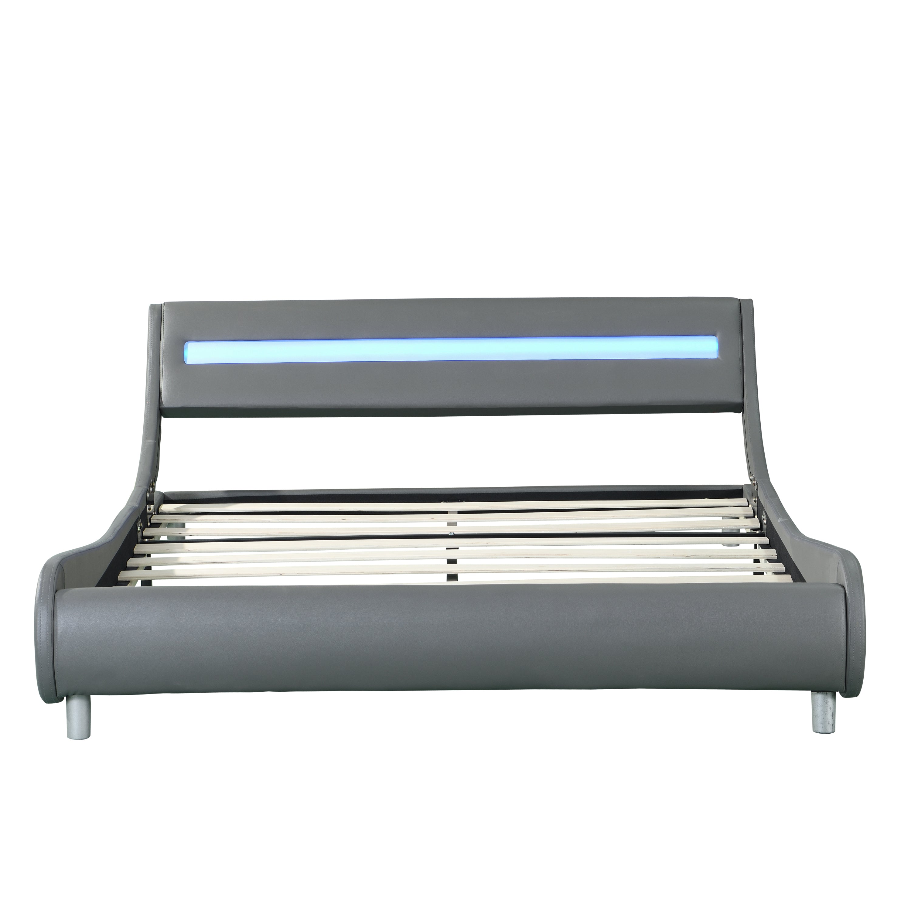 Faux Leather Upholstered Platform Bed Frame with led lighting , Curve Design, Wood Slat Support, No Box Spring Needed, Easy Assemble, Queen Size, Gray - Atlantic Fine Furniture Melbourne FL