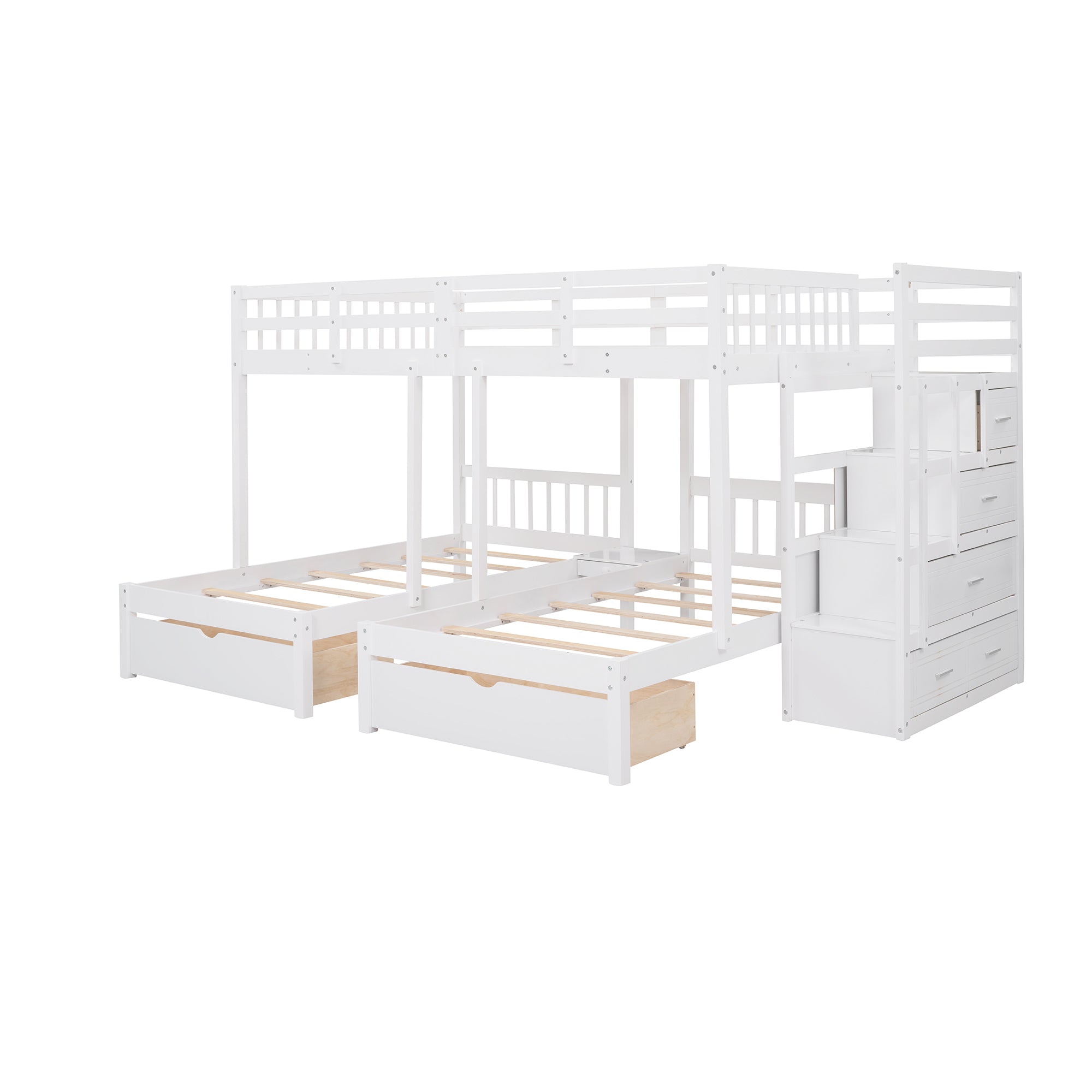 Full Over Twin & Twin Bunk Bed, Wood Triple Bunk Bed with Drawers and Guardrails (White) - Atlantic Fine Furniture Melbourne FL