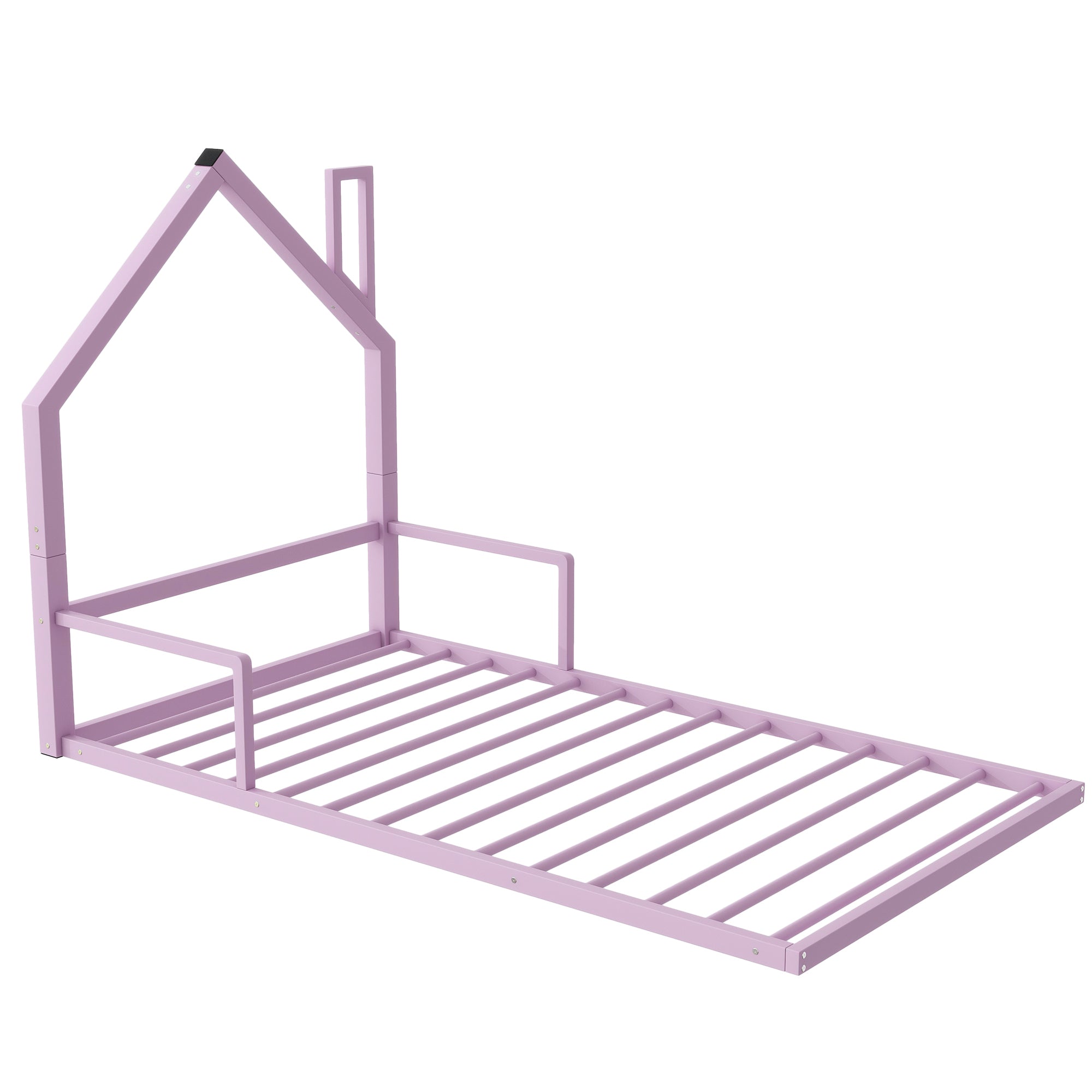 Twin Size Metal Floor Bed with House-shaped Headboard, Pink - Atlantic Fine Furniture Melbourne FL