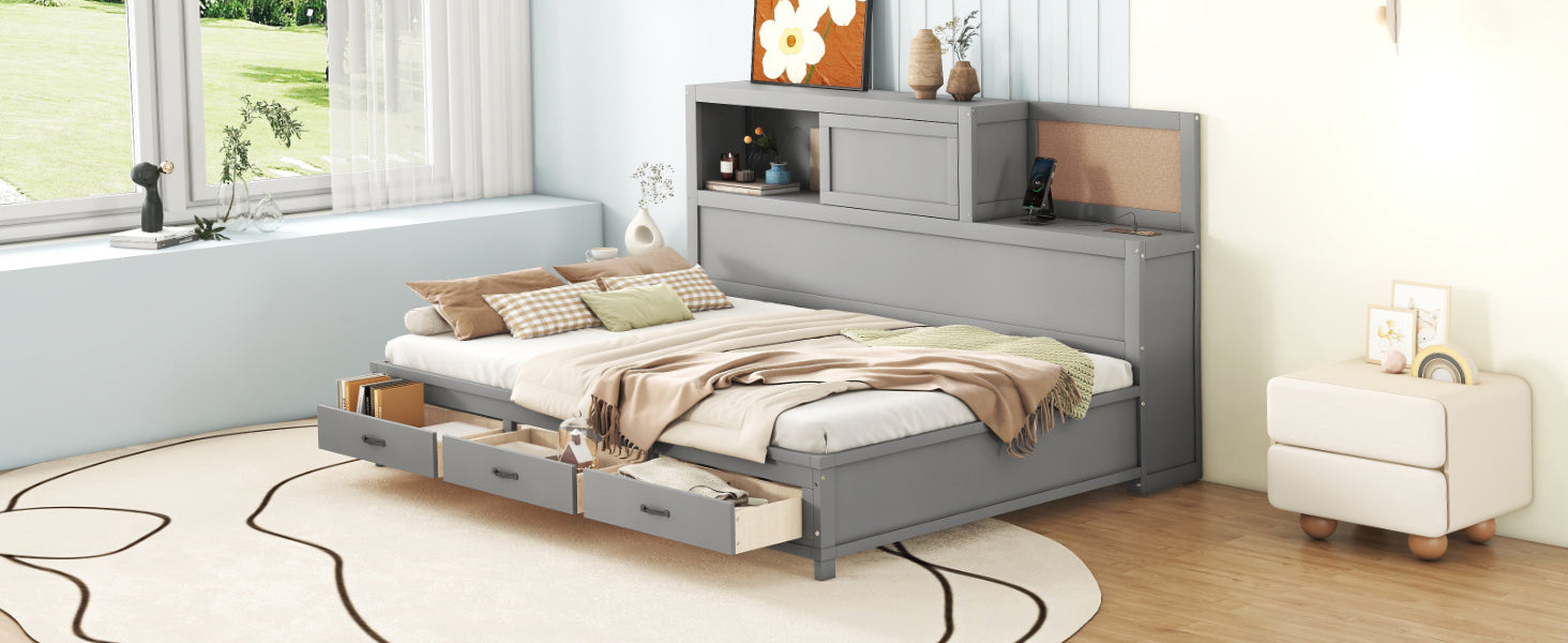 Full Size Wooden Daybed with 3 Storage Drawers, Upper Soft Board, shelf, and a set of Sockets and USB Ports, Gray - Atlantic Fine Furniture Melbourne FL