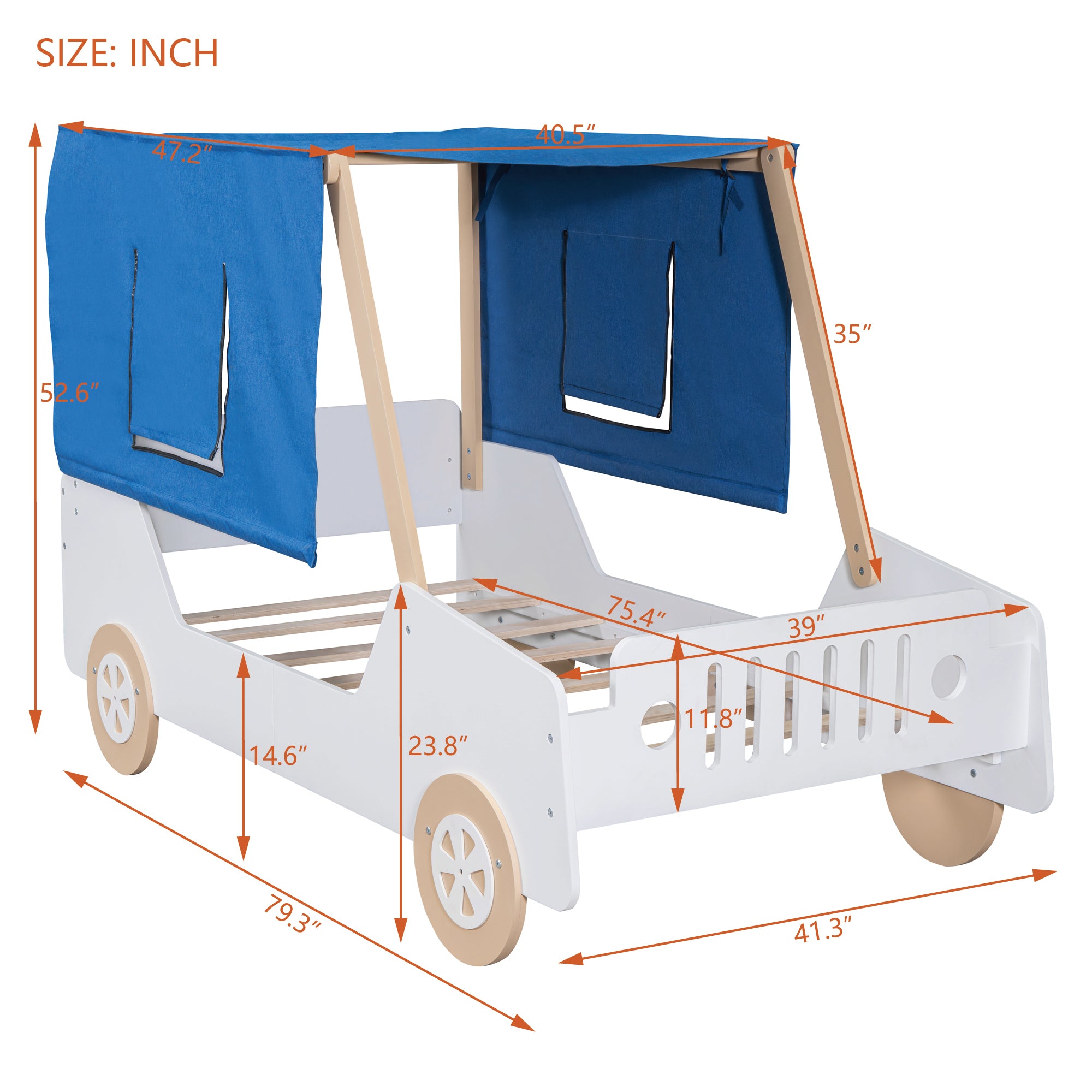 Twin Size Car Shaped Bed with Tents,White+Natural - Atlantic Fine Furniture Melbourne FL