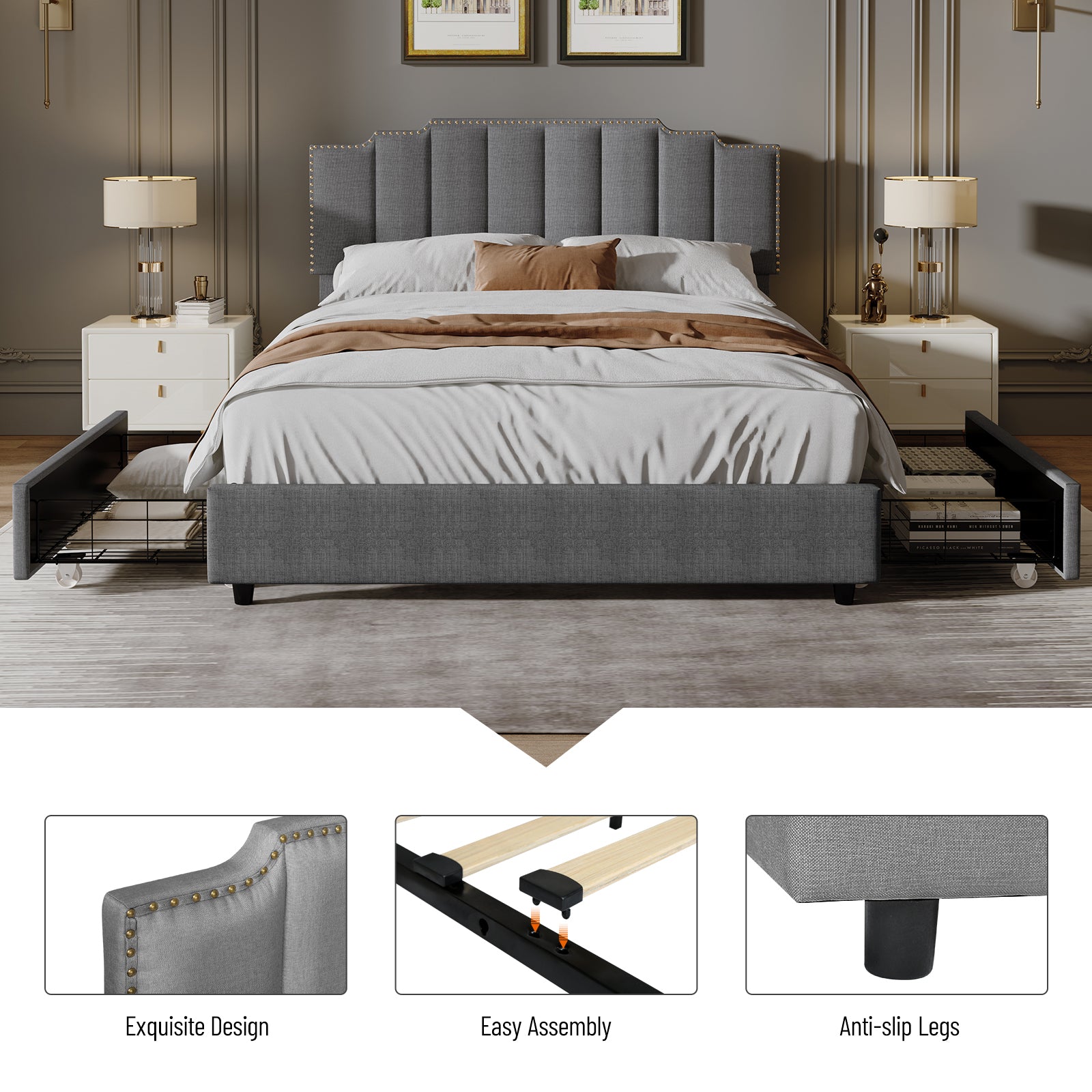 Queen Size Upholstered Platform Bed Linen Bed Frame with 2 Drawers Stitched Padded Headboard with Rivets Design Strong Bed Slats System No Box Spring Needed Grey - Atlantic Fine Furniture Melbourne FL