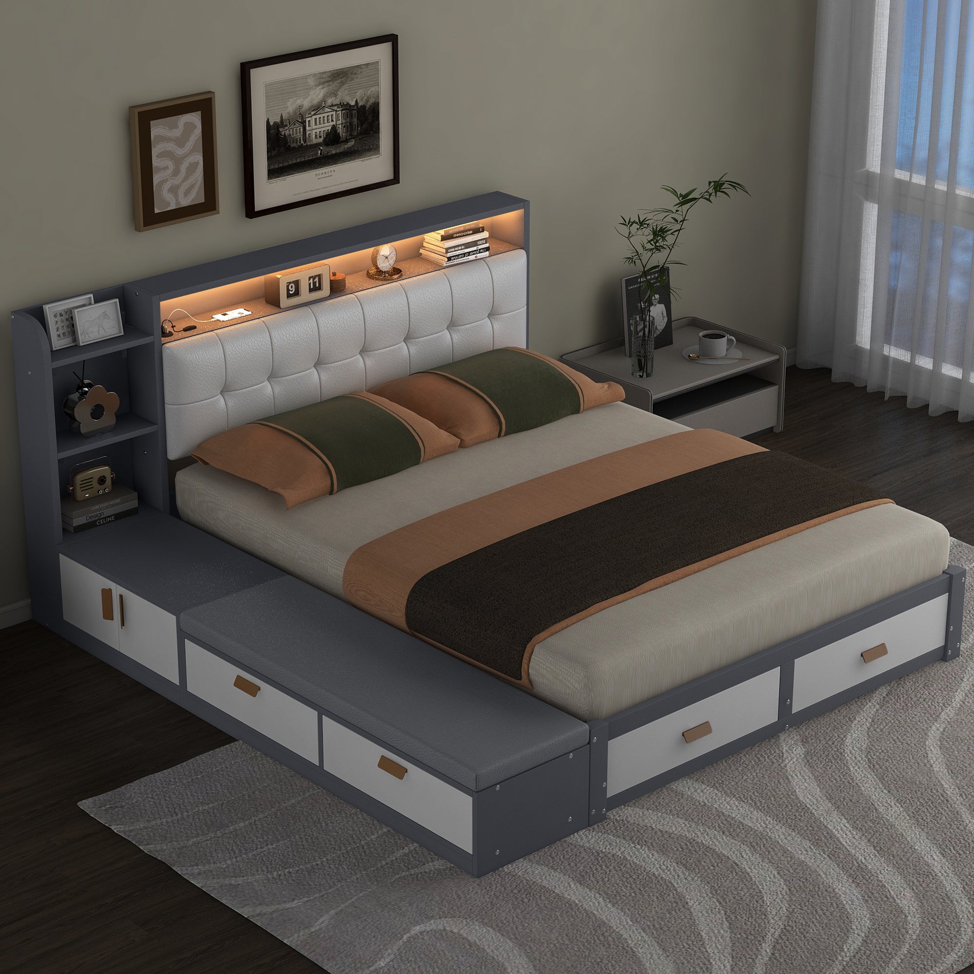 Queen Size Low Profile Platform Bed Frame with Upholstery Headboard and Storage Shelves and Drawers,USB Charging Design,Gray - Atlantic Fine Furniture Melbourne FL
