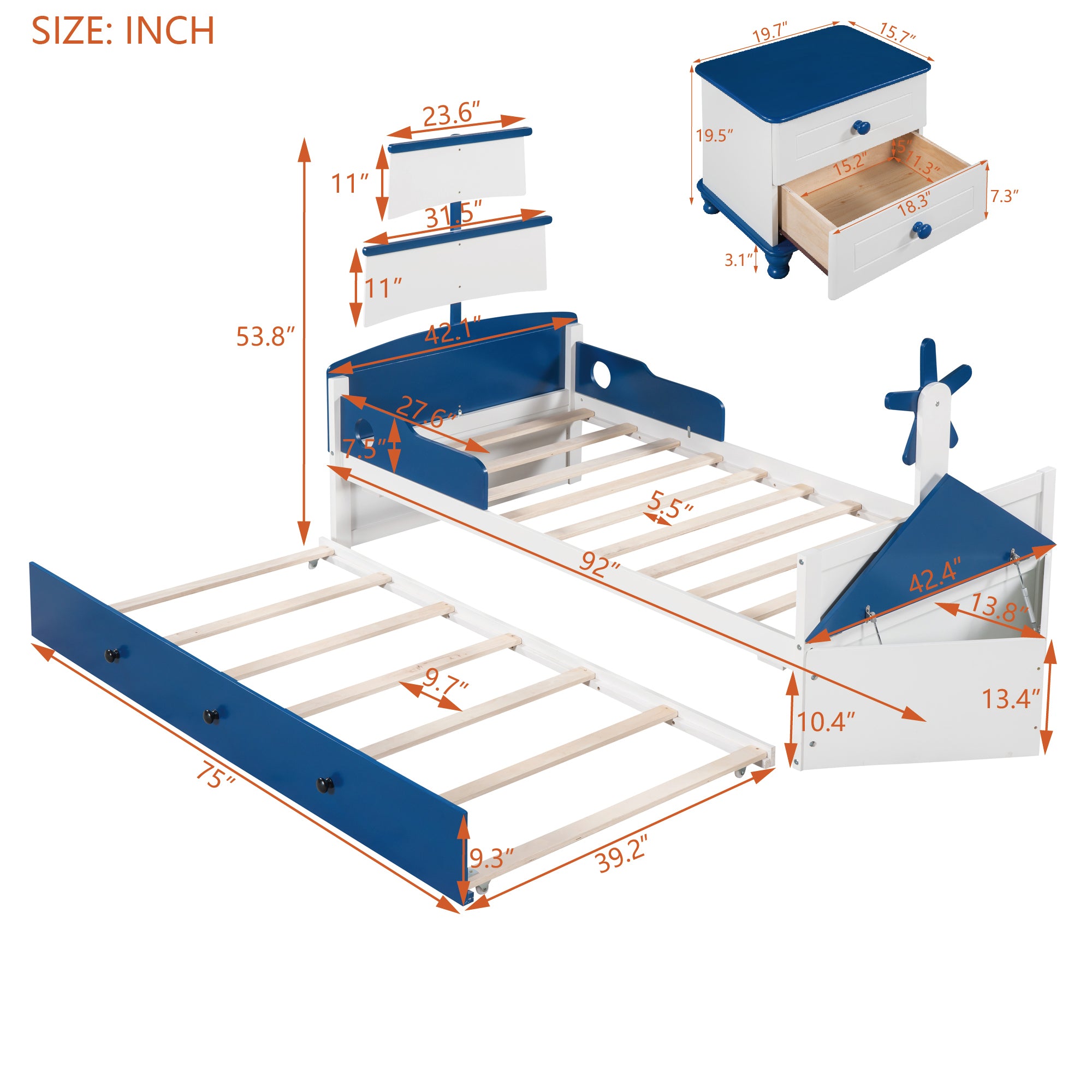 3-Pieces Bedroom Sets,Twin Size Boat-Shaped Platform Bed with Trundle and Two Nightstands,White+Blue - Atlantic Fine Furniture Melbourne FL