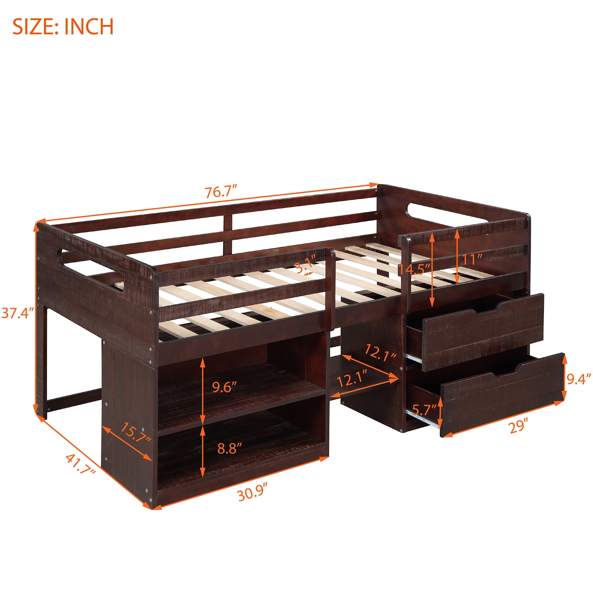 Twin size Loft Bed with Two Shelves and Two drawers (Antique Espresso) - Atlantic Fine Furniture Melbourne FL