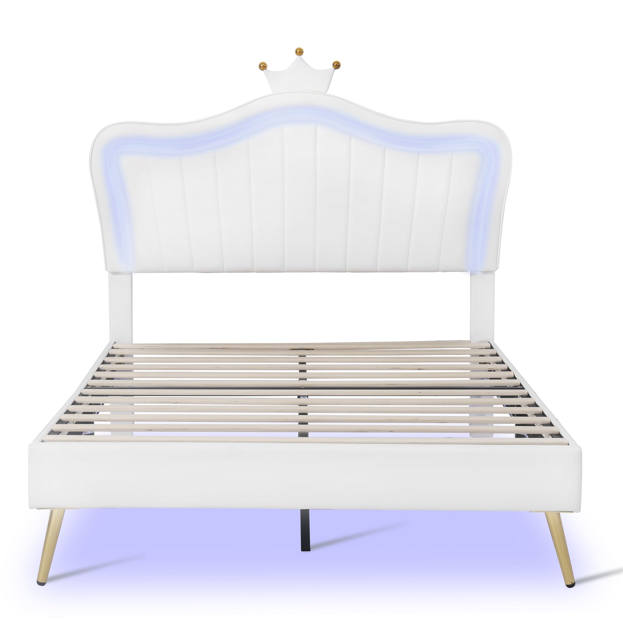 Full Size Upholstered Bed Frame with LED Lights,Modern Upholstered Princess Bed With Crown Headboard,White - Atlantic Fine Furniture Melbourne FL