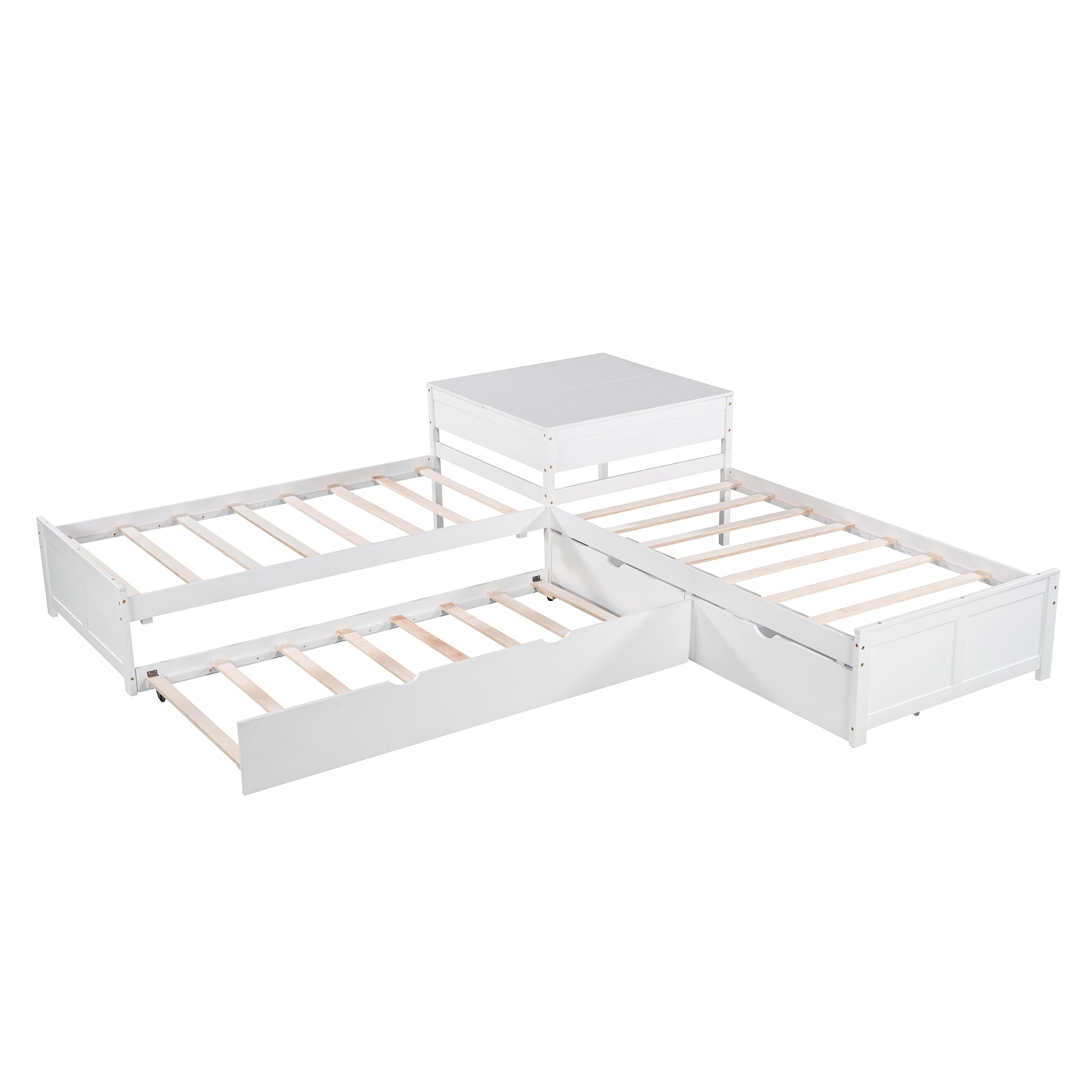 L-shaped Platform Bed with Trundle and Drawers Linked with built-in Desk,Twin,White - Atlantic Fine Furniture Melbourne FL