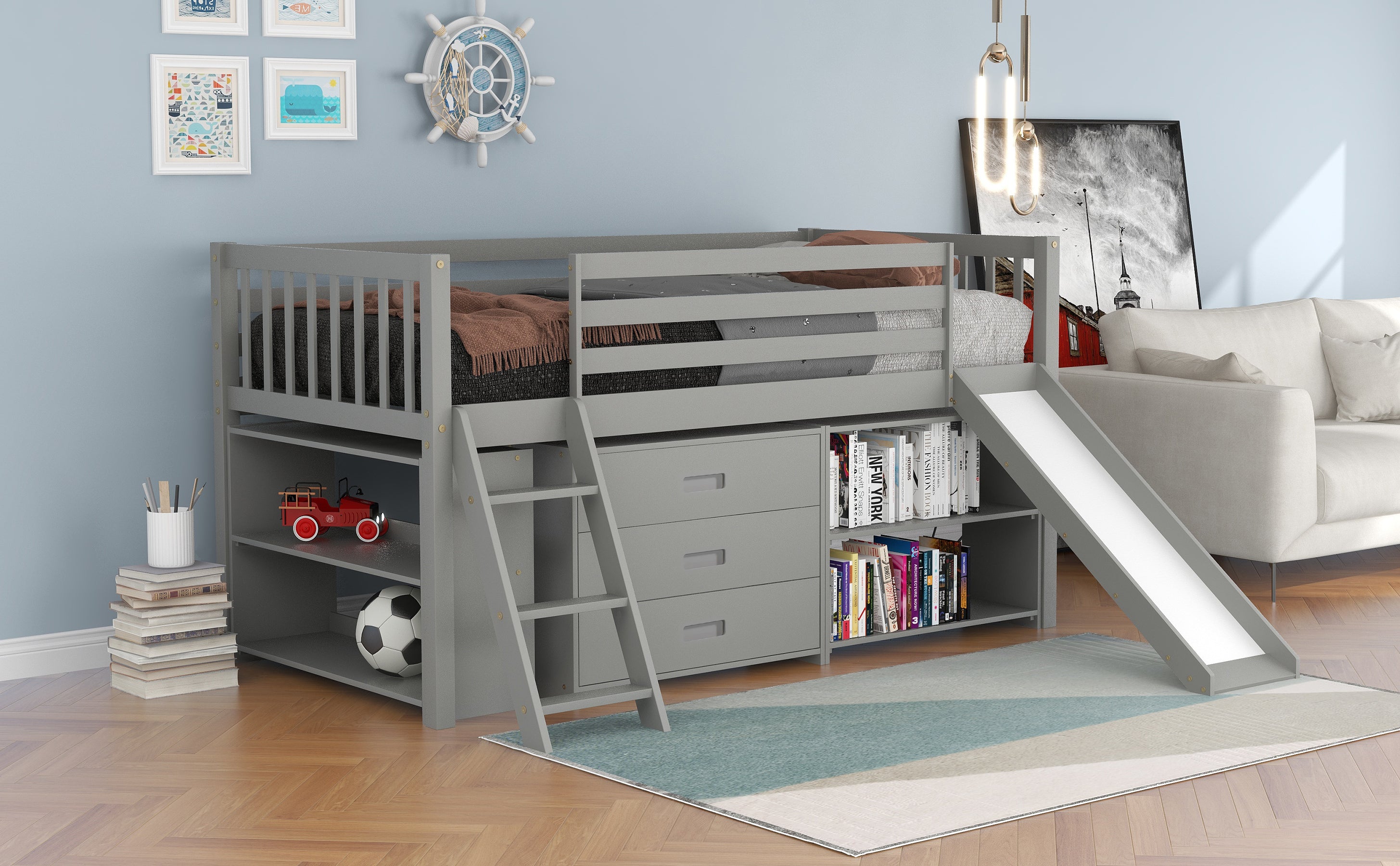 Low Loft Bed with Attached Bookcases and Separate 3-tier Drawers,Convertible Ladder and Slide,Twin,Gray - Atlantic Fine Furniture Melbourne FL