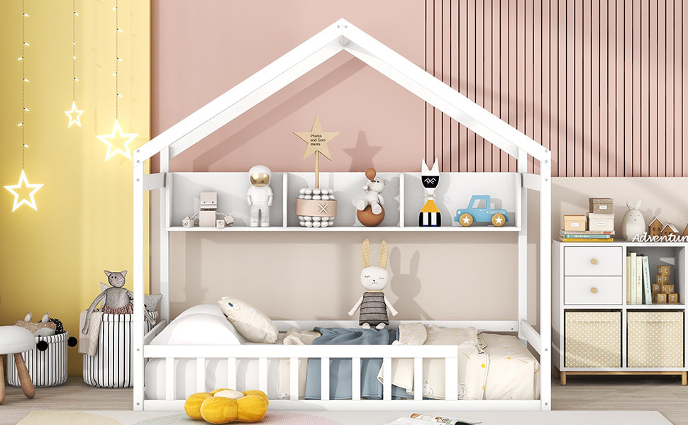 Wooden Twin Size House Bed with Storage Shelf,Kids Bed with Fence and Roof, White - Atlantic Fine Furniture Melbourne FL