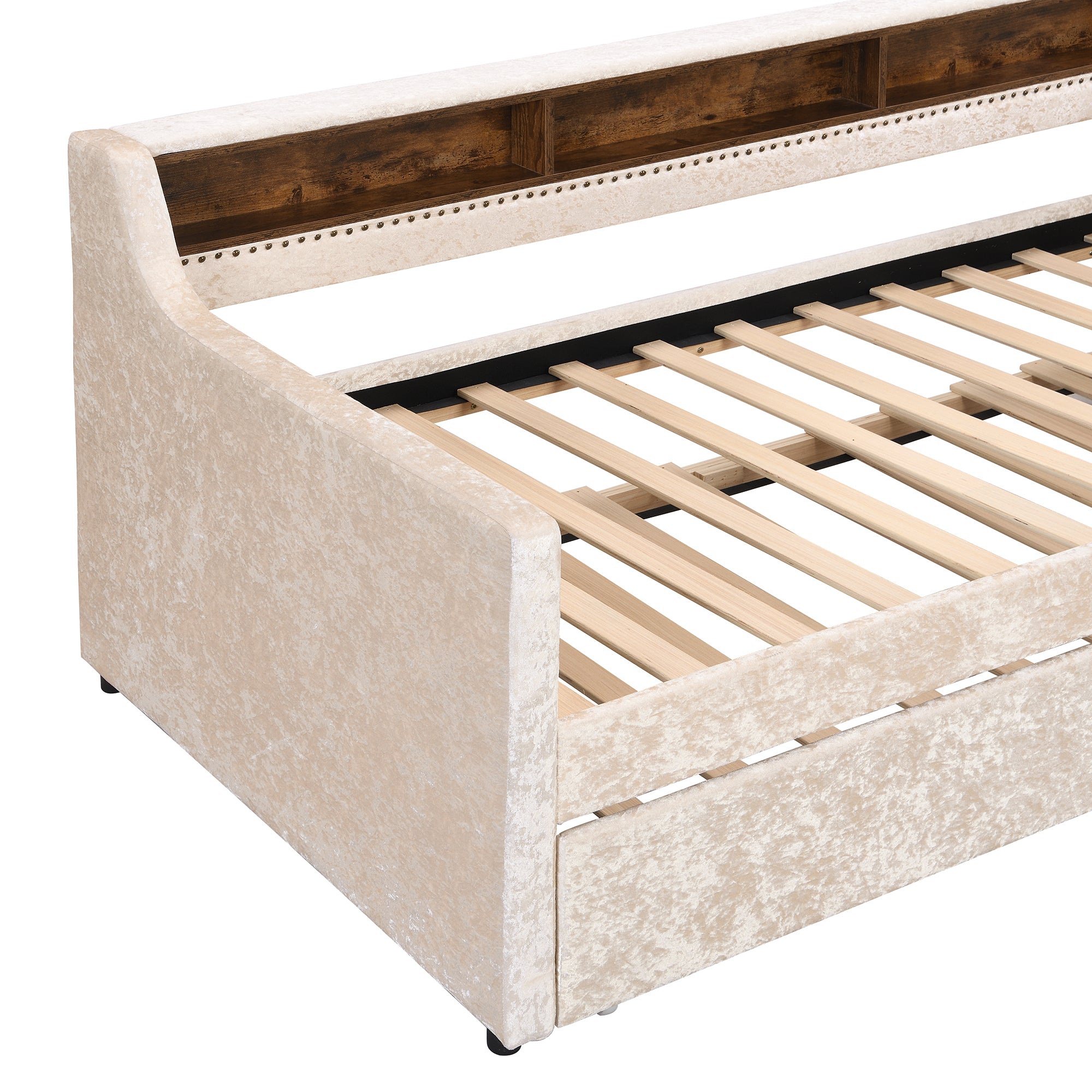 Twin Size Snowflake Velvet Daybed with Trundle and Built-in Storage Shelves,Beige - Atlantic Fine Furniture Melbourne FL