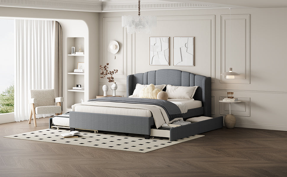 Upholstered Platform Bed with Wingback Headboard, One Twin Trundle and 2 Drawers, No Box Spring Needed, Linen Fabric, Queen Size Gray - Atlantic Fine Furniture Melbourne FL