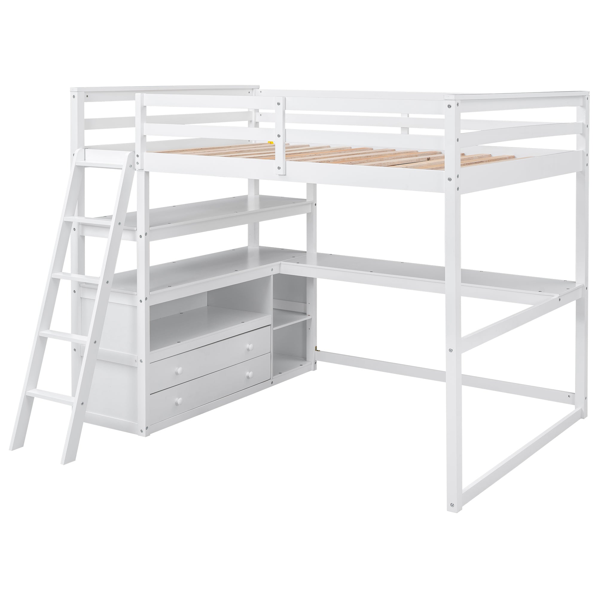 Full Size Loft Bed with Desk and Shelves,Two Built-in Drawers,White(Old SKU: SM000416AAK)