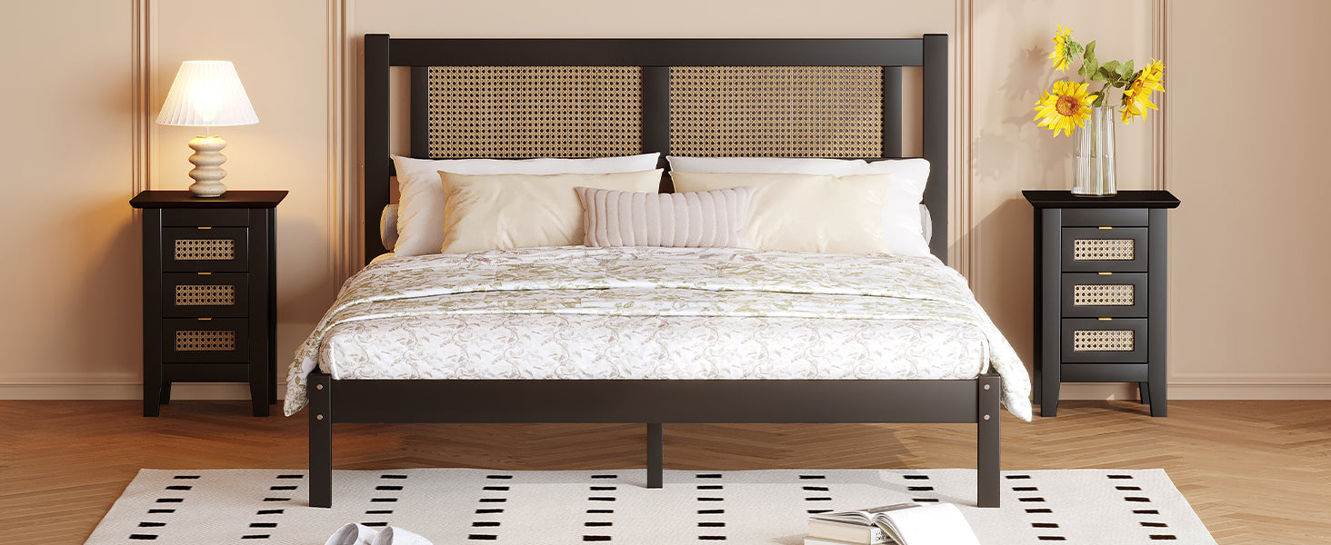 Queen Size Wooden Platform Bed with Natural Rattan Headboard, Exquisite Elegance with Minimalist Charm for Bedroom, Black - Atlantic Fine Furniture Melbourne FL