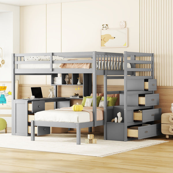 Full Over Twin Bunk Bed With Desk, Drawers And Shelves, Gray