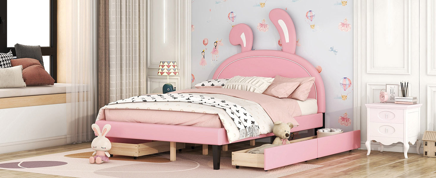 Full Size Upholstered Leather Platform Bed with Rabbit Ornament and 4 Drawers, Pink - Atlantic Fine Furniture Melbourne FL