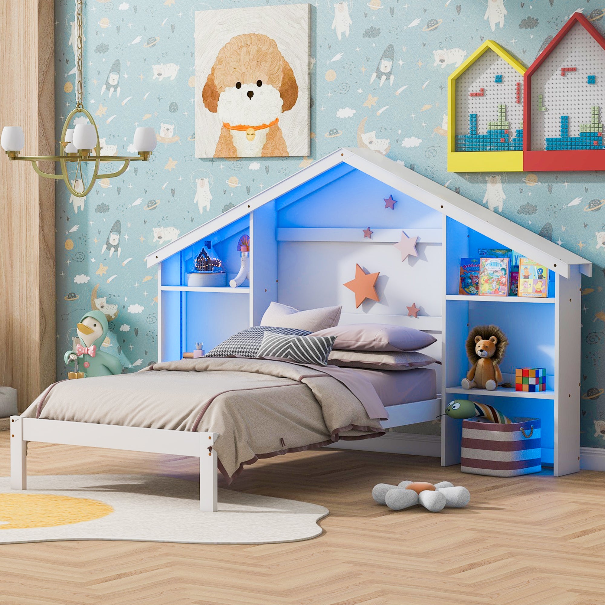 Wood Twin Size Platform Bed with House-shaped Storage Headboard and Built-in LED, White - Atlantic Fine Furniture Melbourne FL