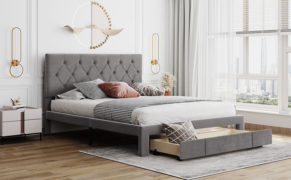 Queen Size Storage Bed Velvet Upholstered Platform Bed with a Big Drawer - Grey - Atlantic Fine Furniture Melbourne FL