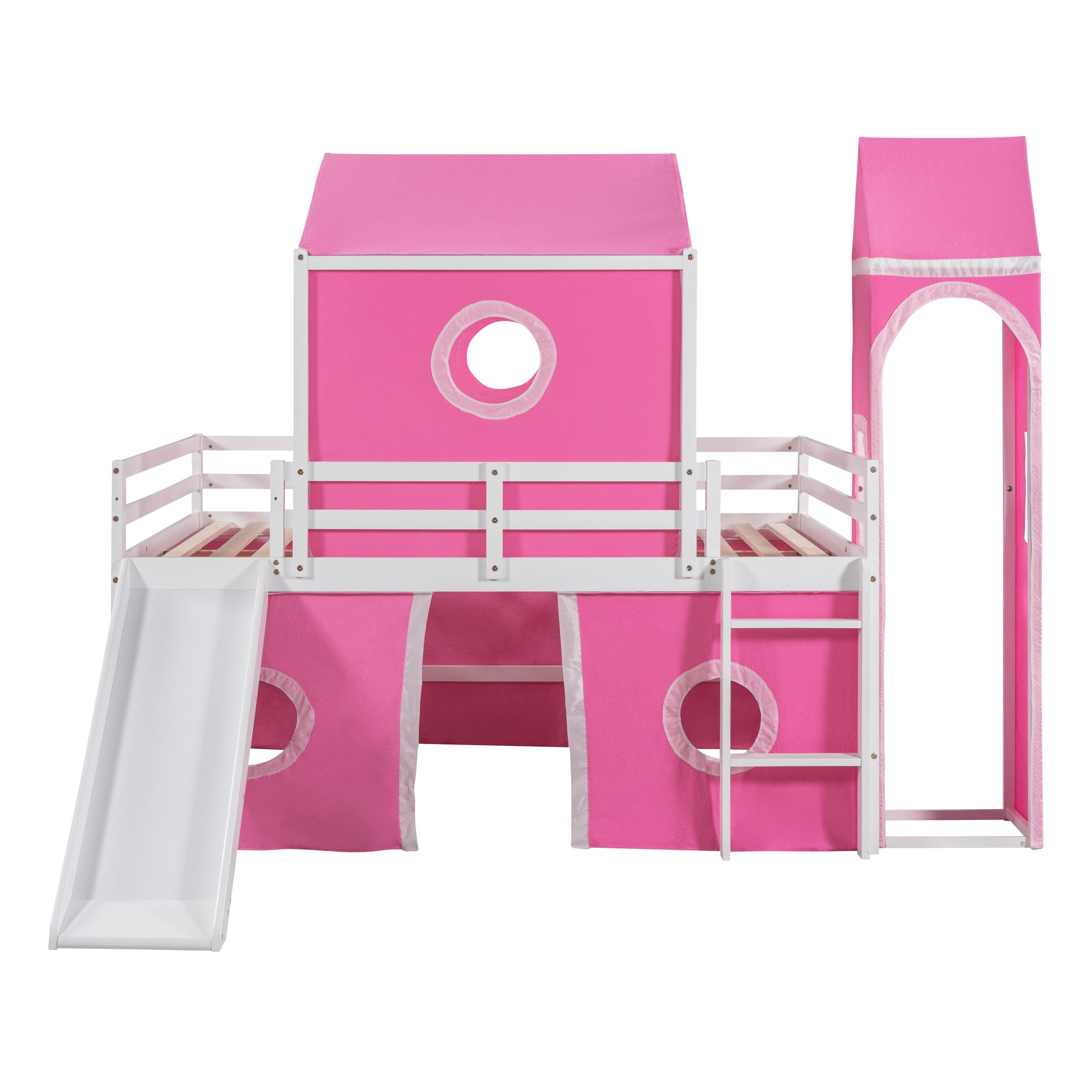 Full Size Bunk Bed with Slide Pink Tent and Tower - Pink