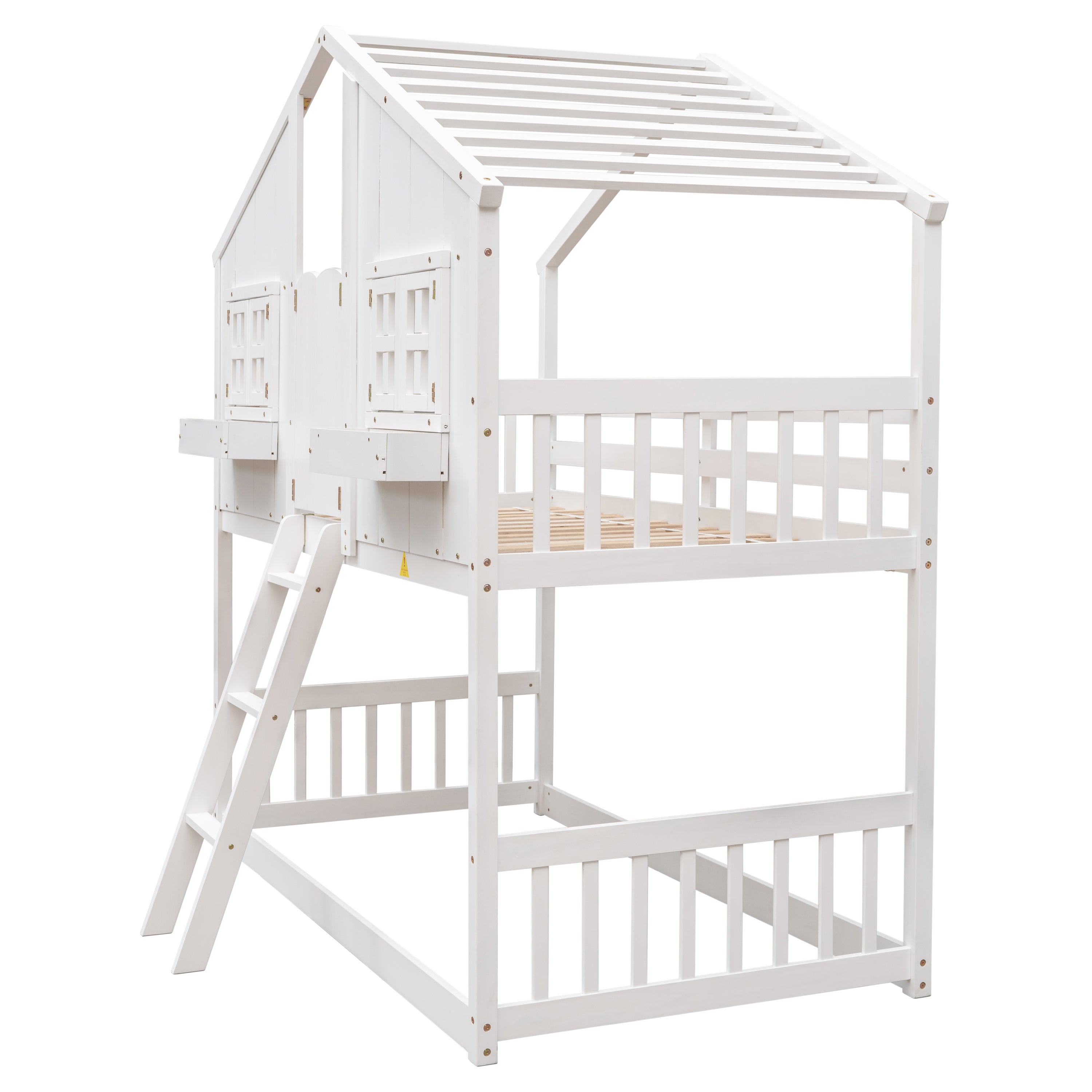Twin over Twin House Bunk Bed with Roof , Window, Window Box, Door , with Safety Guardrails and Ladder,White