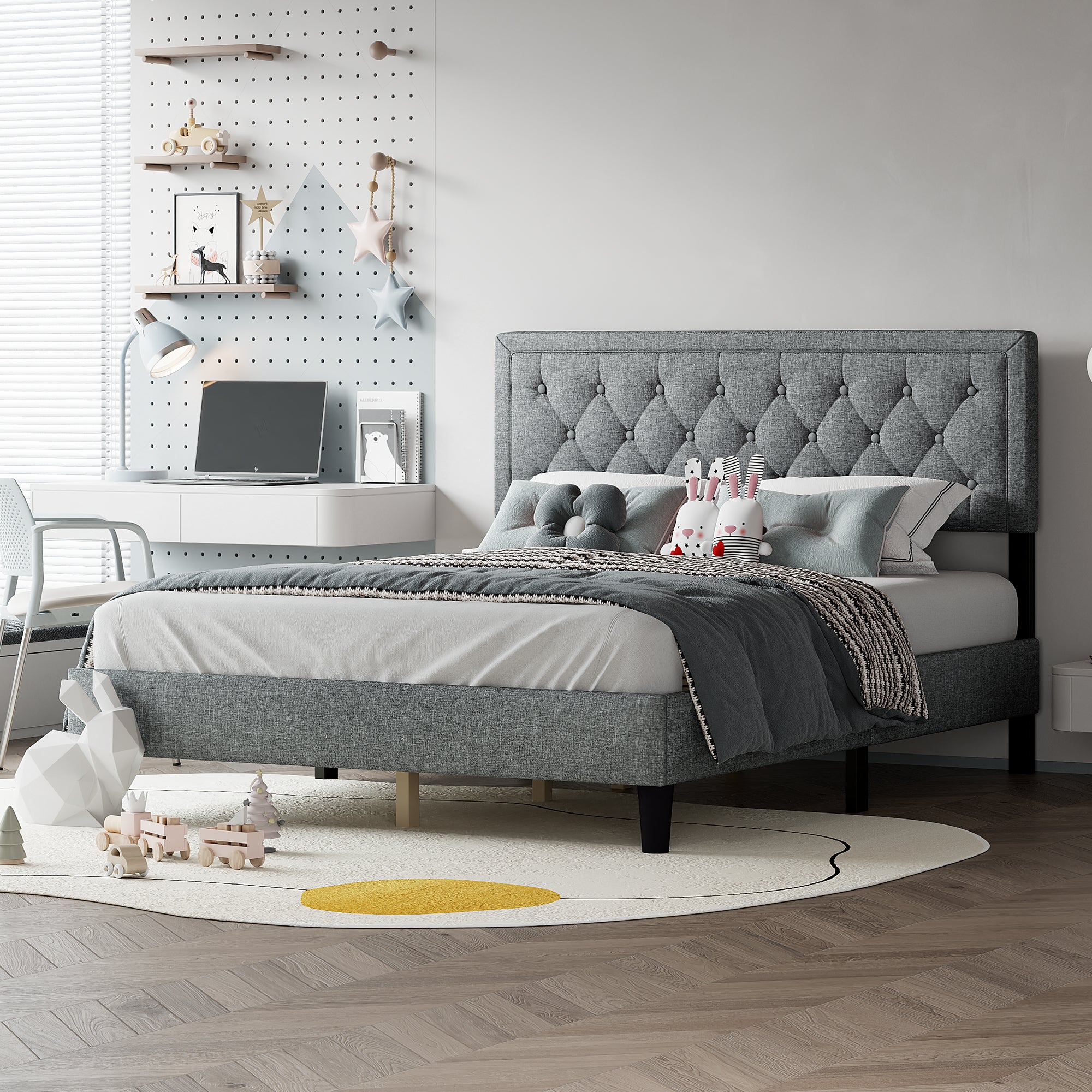 Queen size Panel Bed Frame with Adjustable Button-Tufted Headboard for Bedroom/Linen Upholstered/Wood Slat Support/Easy Assembly,Light Grey