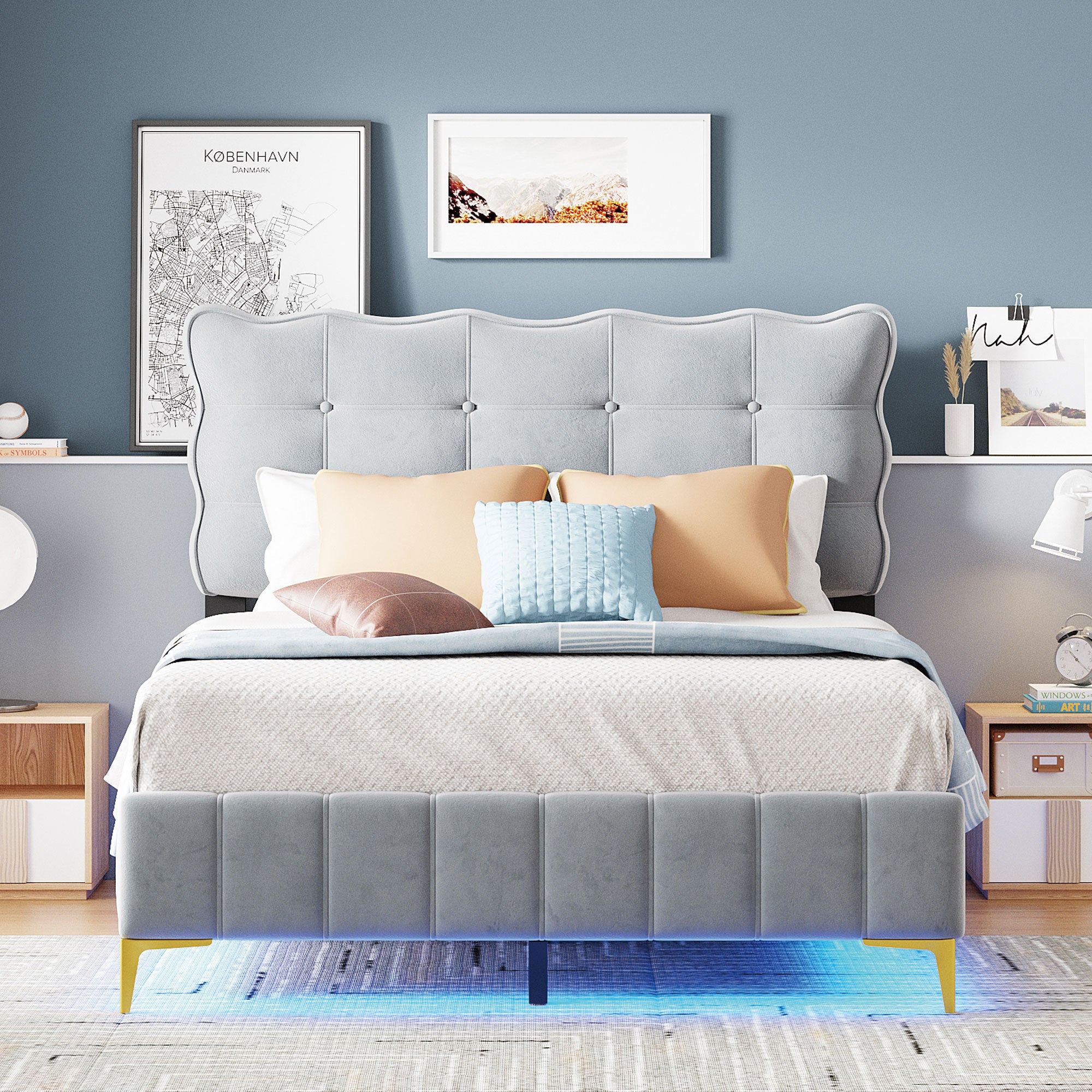 Full Size Velvet Platform Bed with LED Frame and Stylish Mental Bed Legs, Gray - Atlantic Fine Furniture Melbourne FL