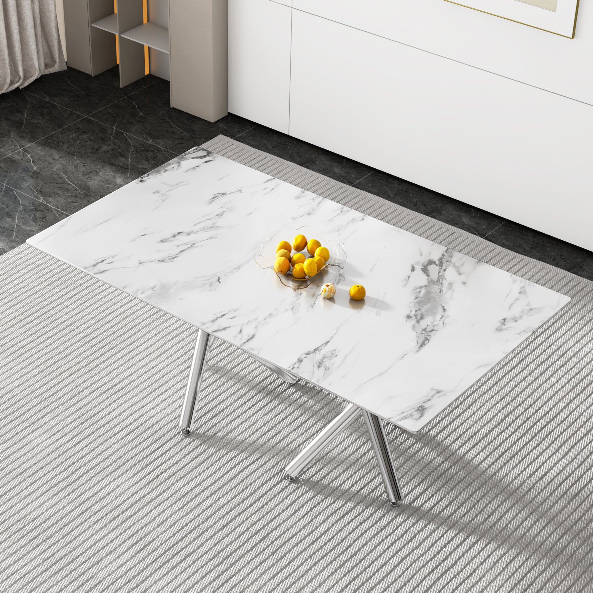 Large Modern Simple Rectangular Glass Dining Table for 6-8 People with 0.39-inch white imitation marble desktop and Silver Metal Legs for Kitchen Dining Living Room Meeting Room Banquet Hall 1538
