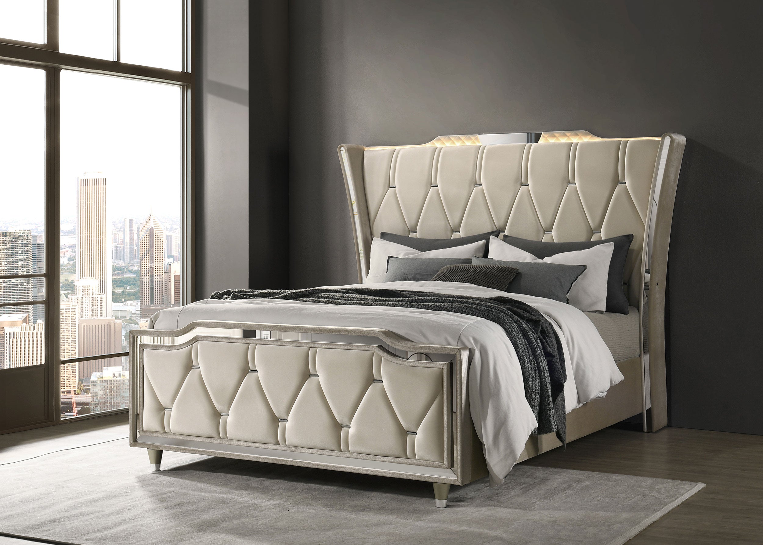 Lorient Queen LED Upholstered Wingback Bed Ivory and Camel — view 2