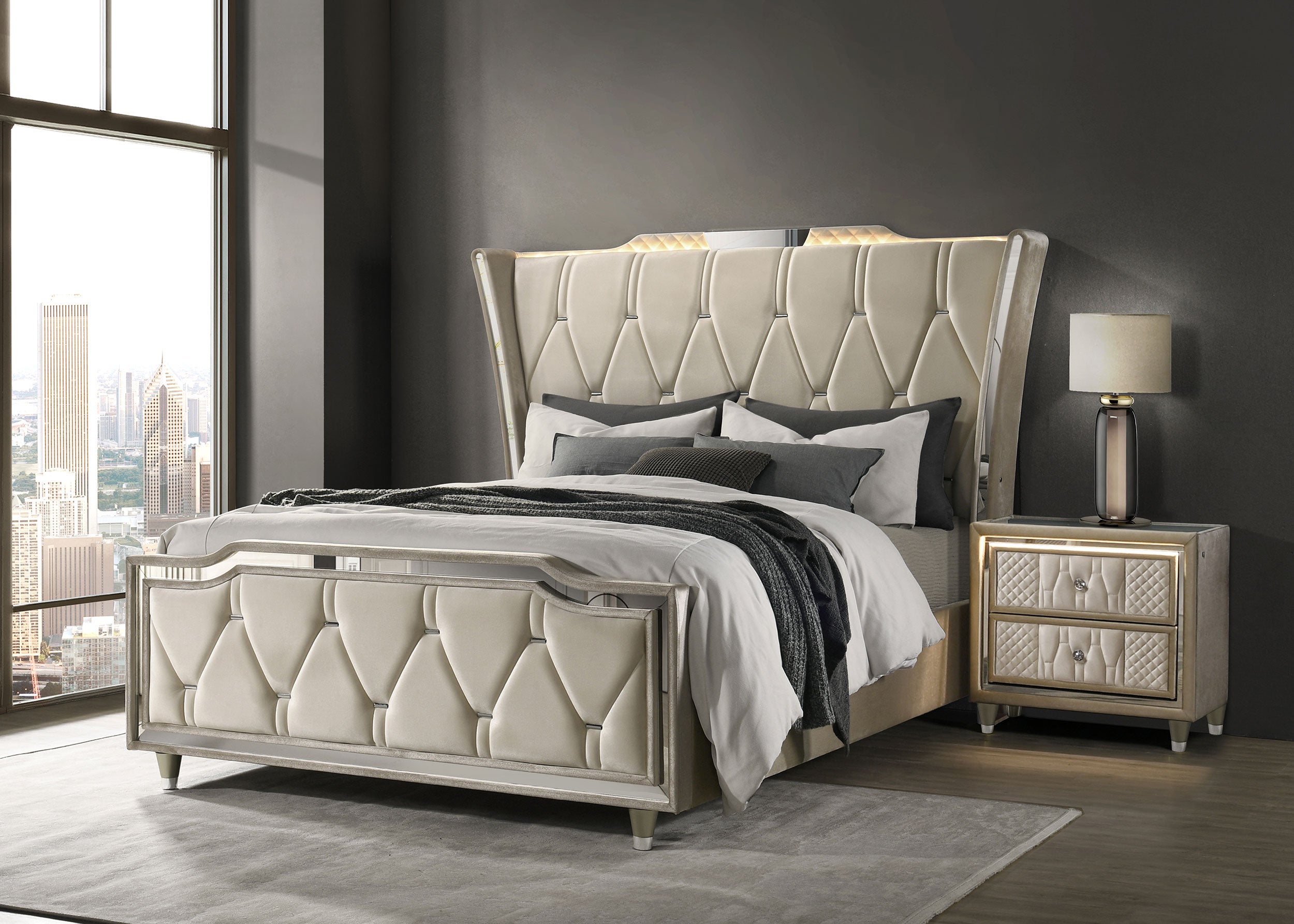 Lorient Queen LED Upholstered Wingback Bed Ivory and Camel — view 12