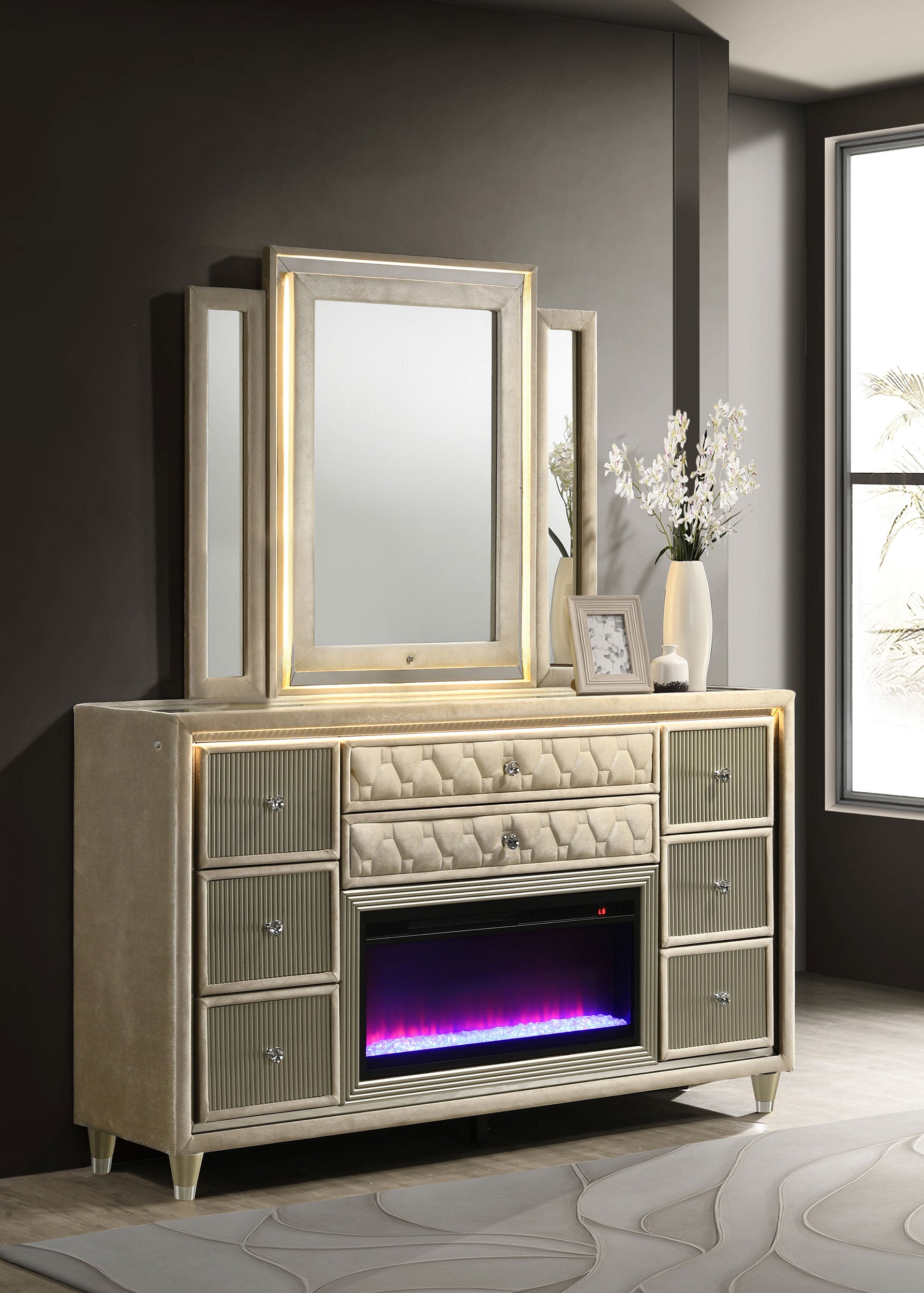 Lorient 8-drawer LED Flame Box Dresser and Mirror Ivory Camel — view 2
