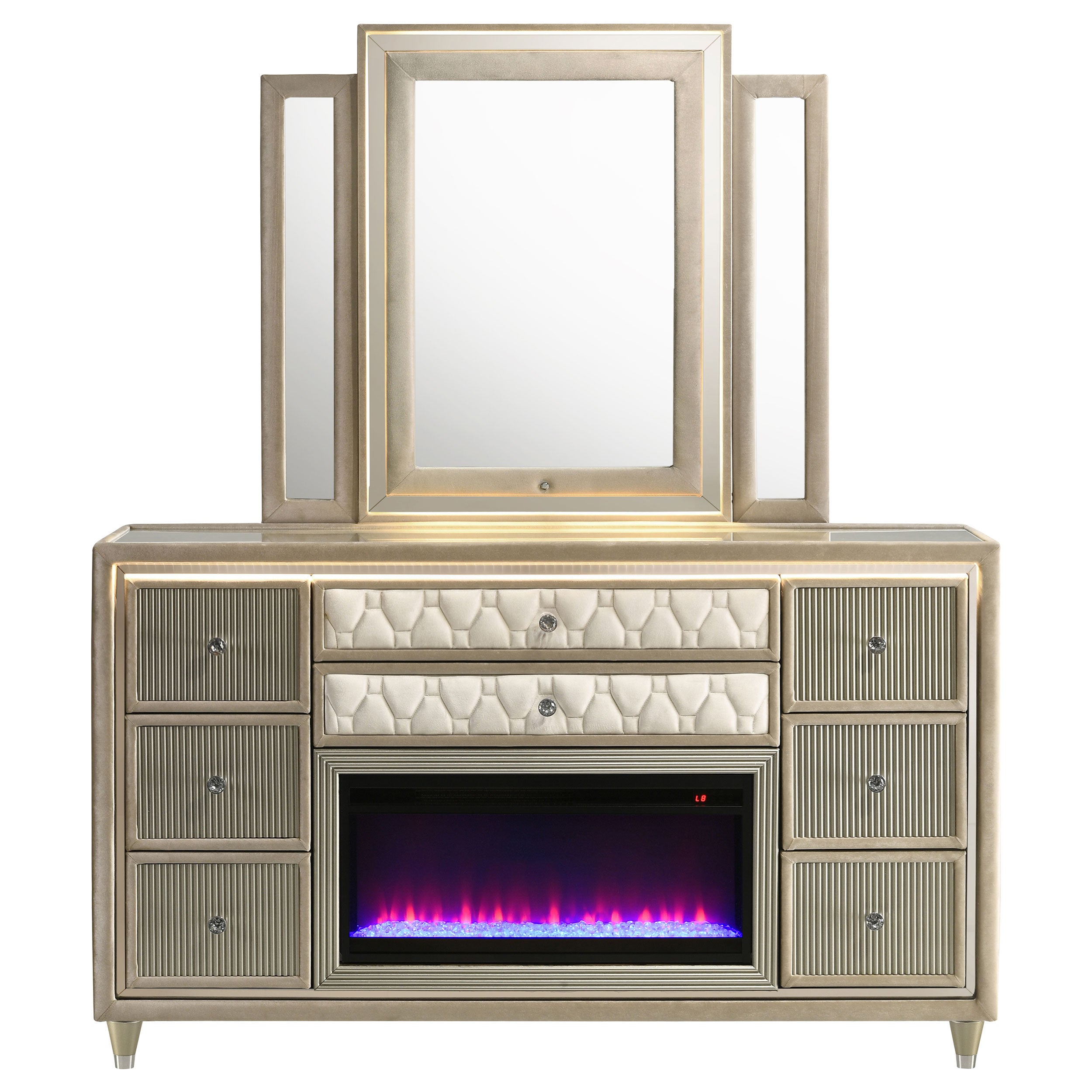 Lorient 8-drawer LED Flame Box Dresser and Mirror Ivory Camel — view 3