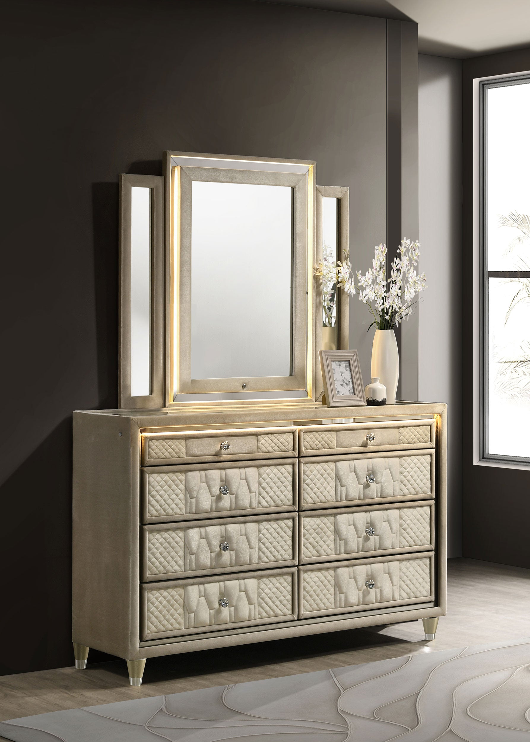 Lorient 8-drawer LED Dresser with Mirror Ivory and Camel — view 2