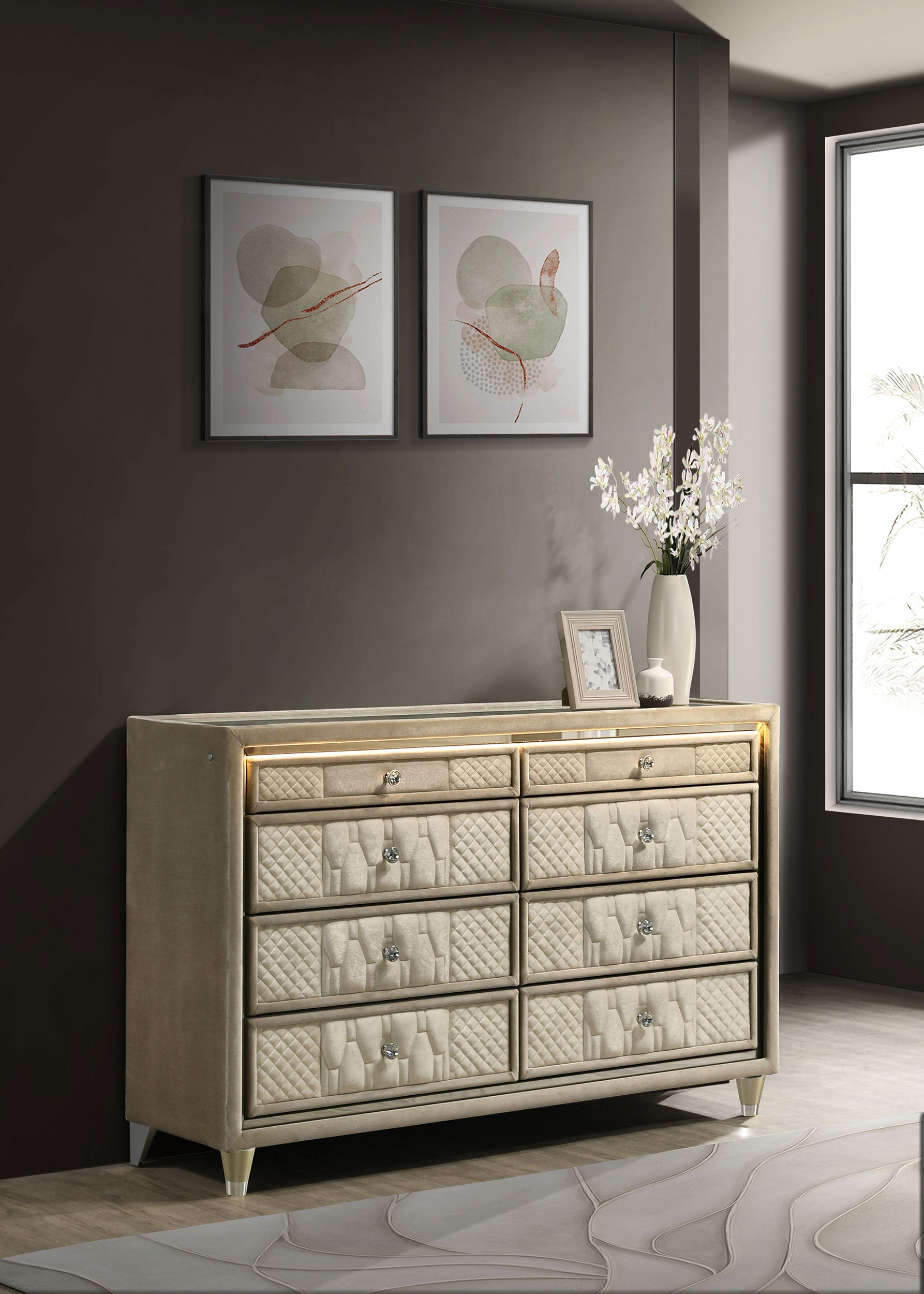 Lorient 8-drawer LED Bedroom Dresser Cabinet Ivory and Camel — view 2