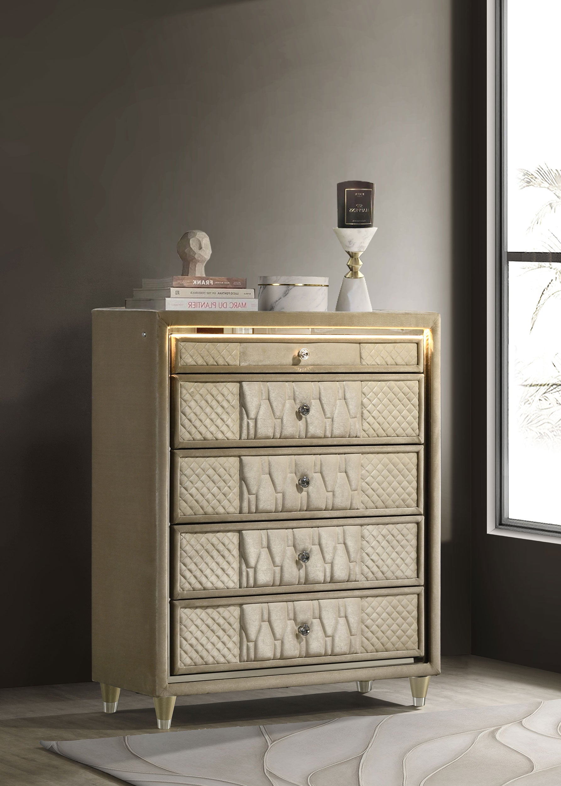 Lorient 5-drawer LED Chest of Drawers Ivory and Camel — view 2
