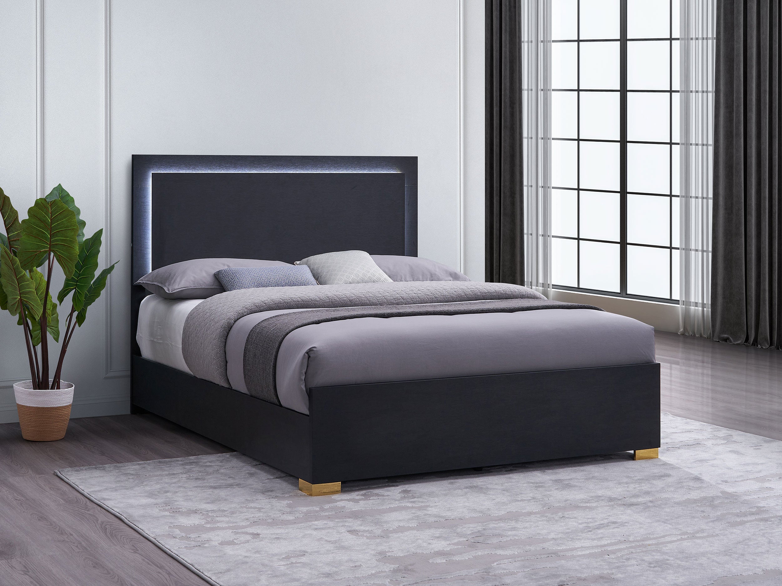 Marceline Wood Queen LED Panel Bed Black — view 2