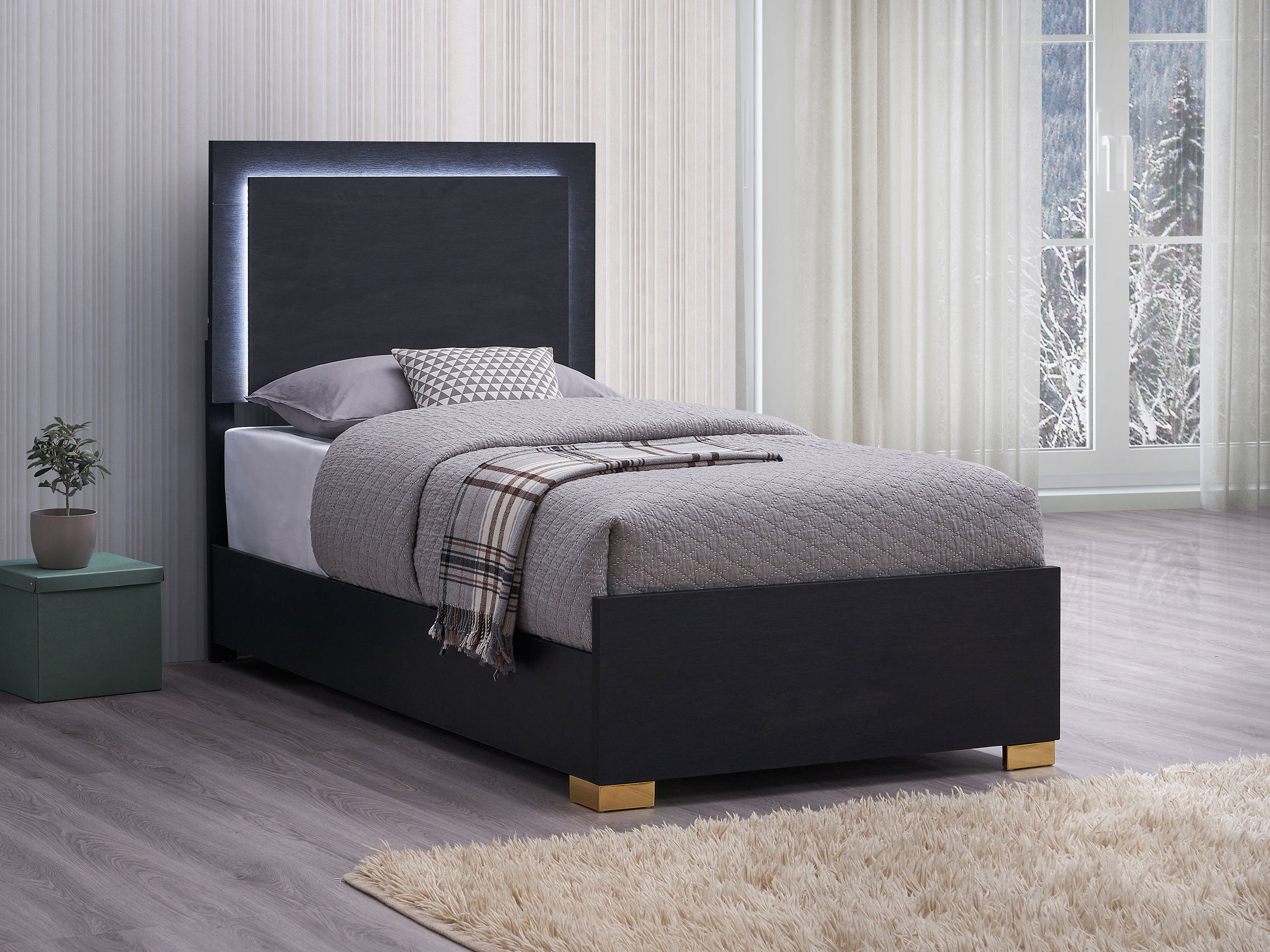 Marceline Wood Twin LED Panel Bed Black — view 2