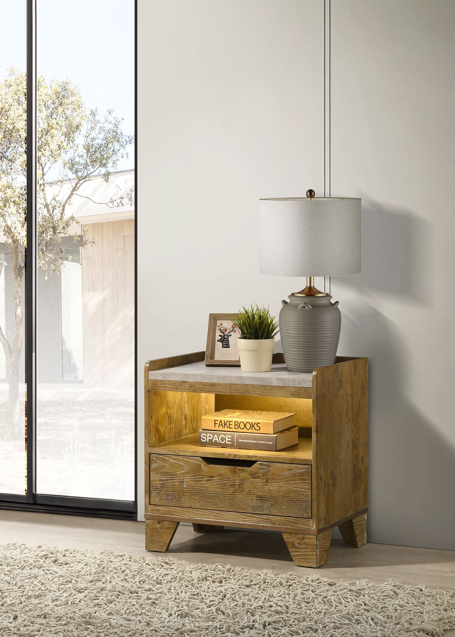 Henderson 1-drawer LED Nightstand Bedside Table Medium Oak — view 2