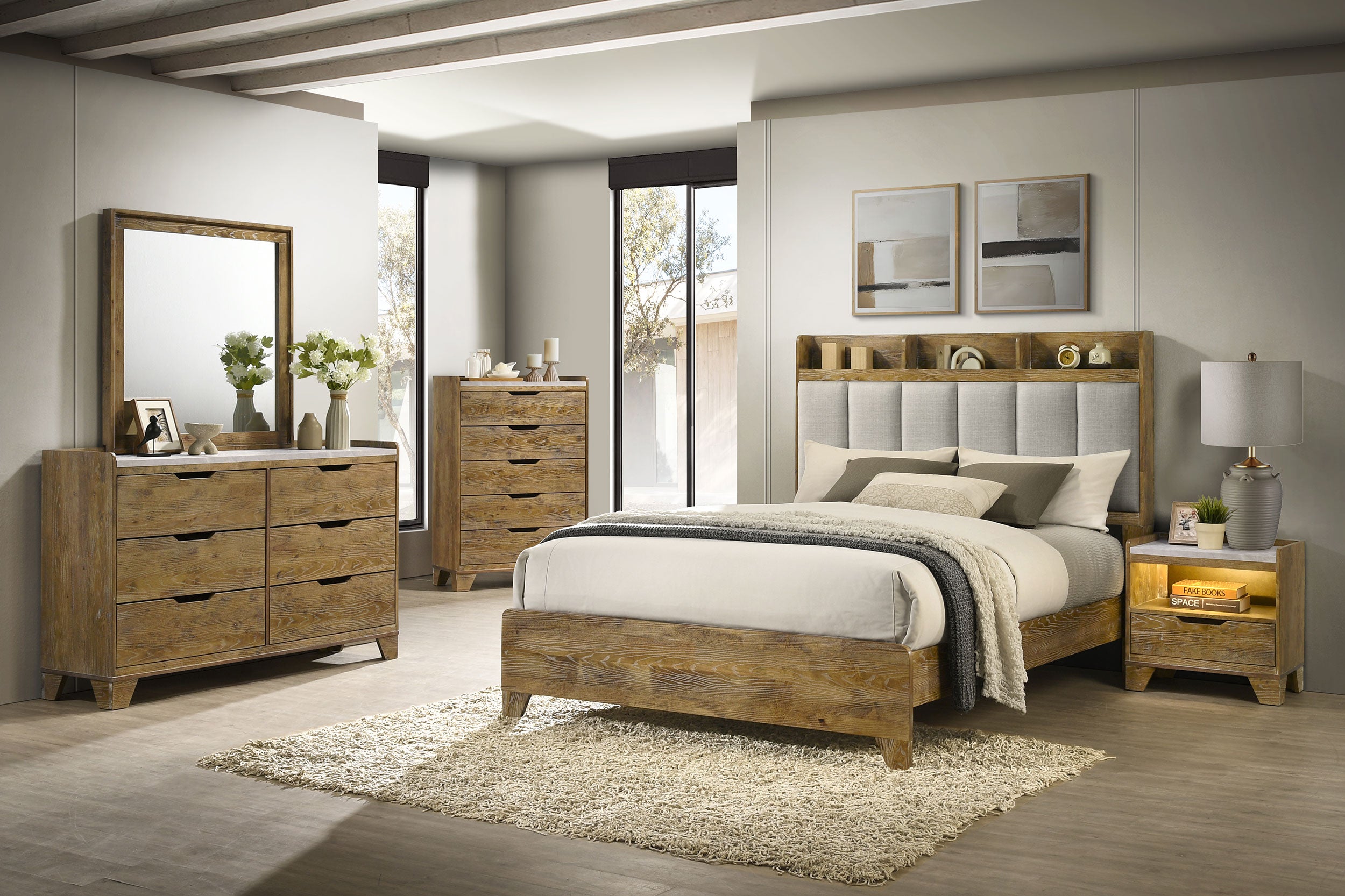 Henderson 1-drawer LED Nightstand Bedside Table Medium Oak — view 13