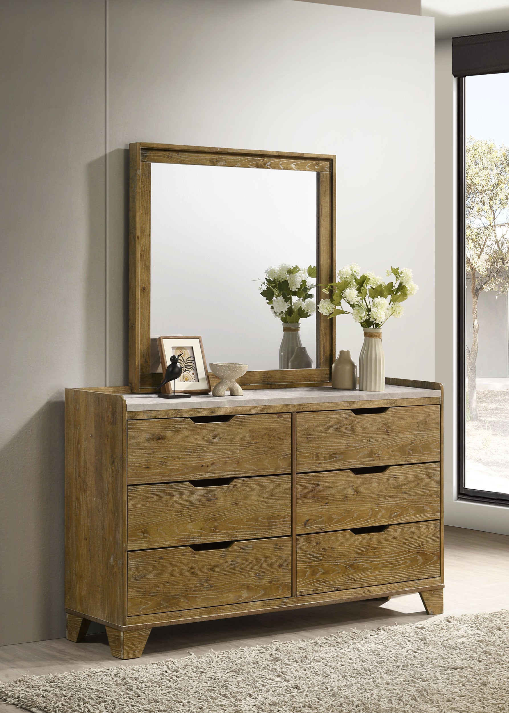 Henderson 6-drawer Bedroom Dresser with Mirror Medium Oak — view 2