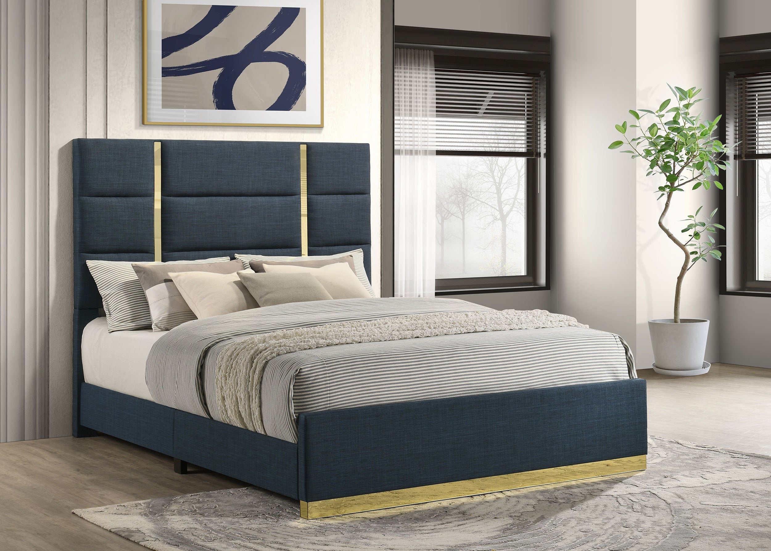 Ines 56-inch Fabric Upholstered Queen Panel Bed Navy — view 2